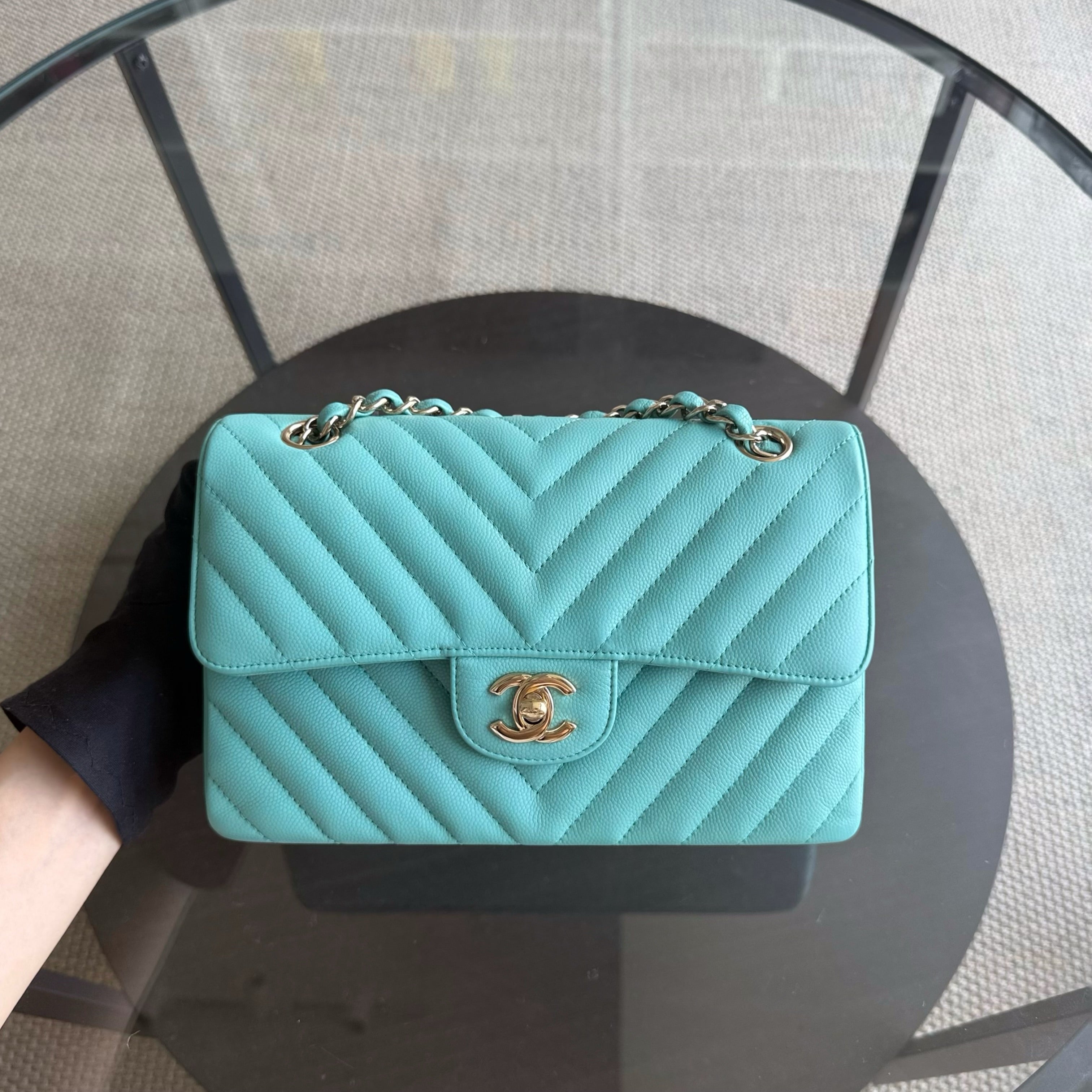Chanel Classic Flap Small - Caviar 23CM Chevron Light Blue Tiffiny Blue Gold Hardware Series 27