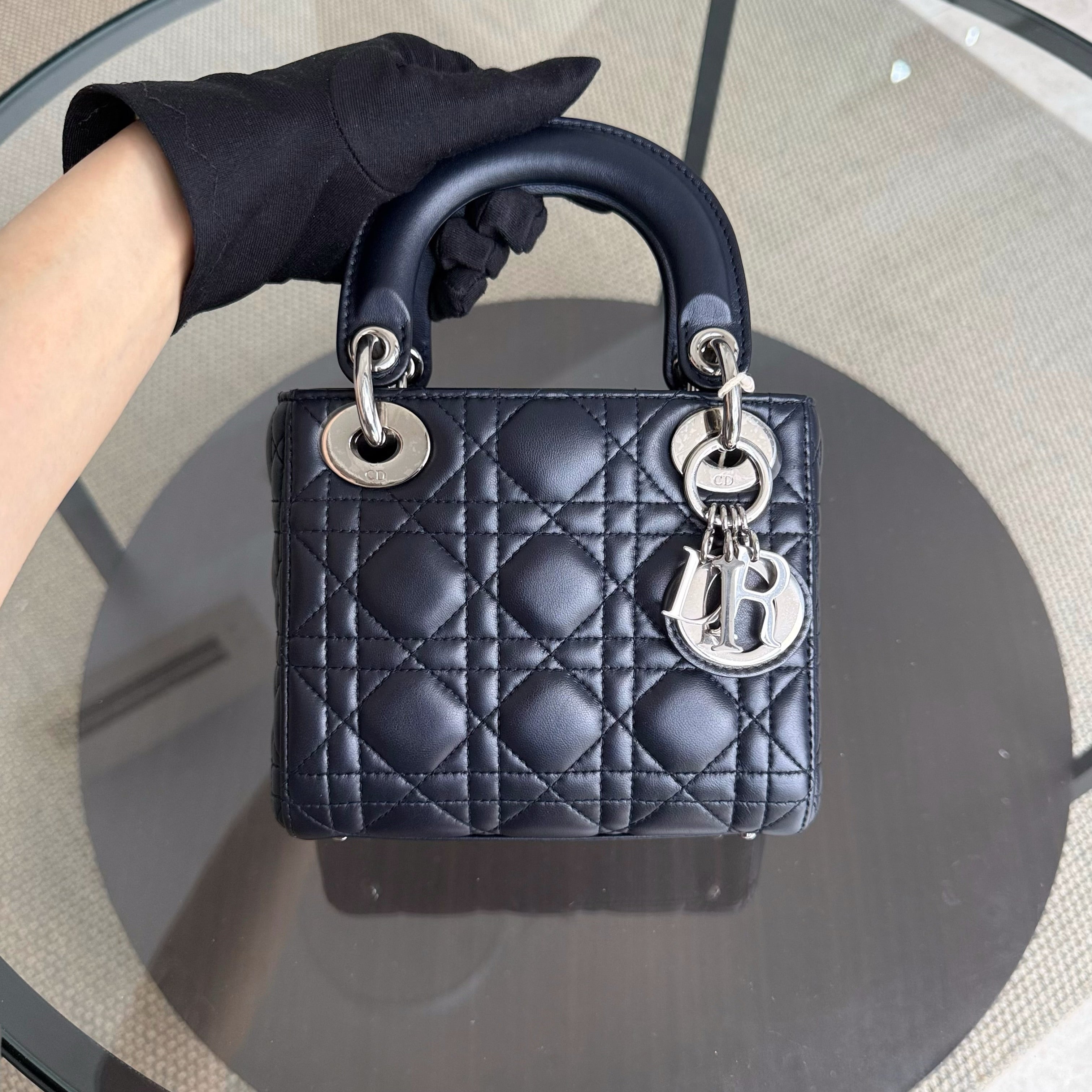 Dior Lady Mini - Cannage Lambskin Midnight Blue Silver Hardware Chain Strap