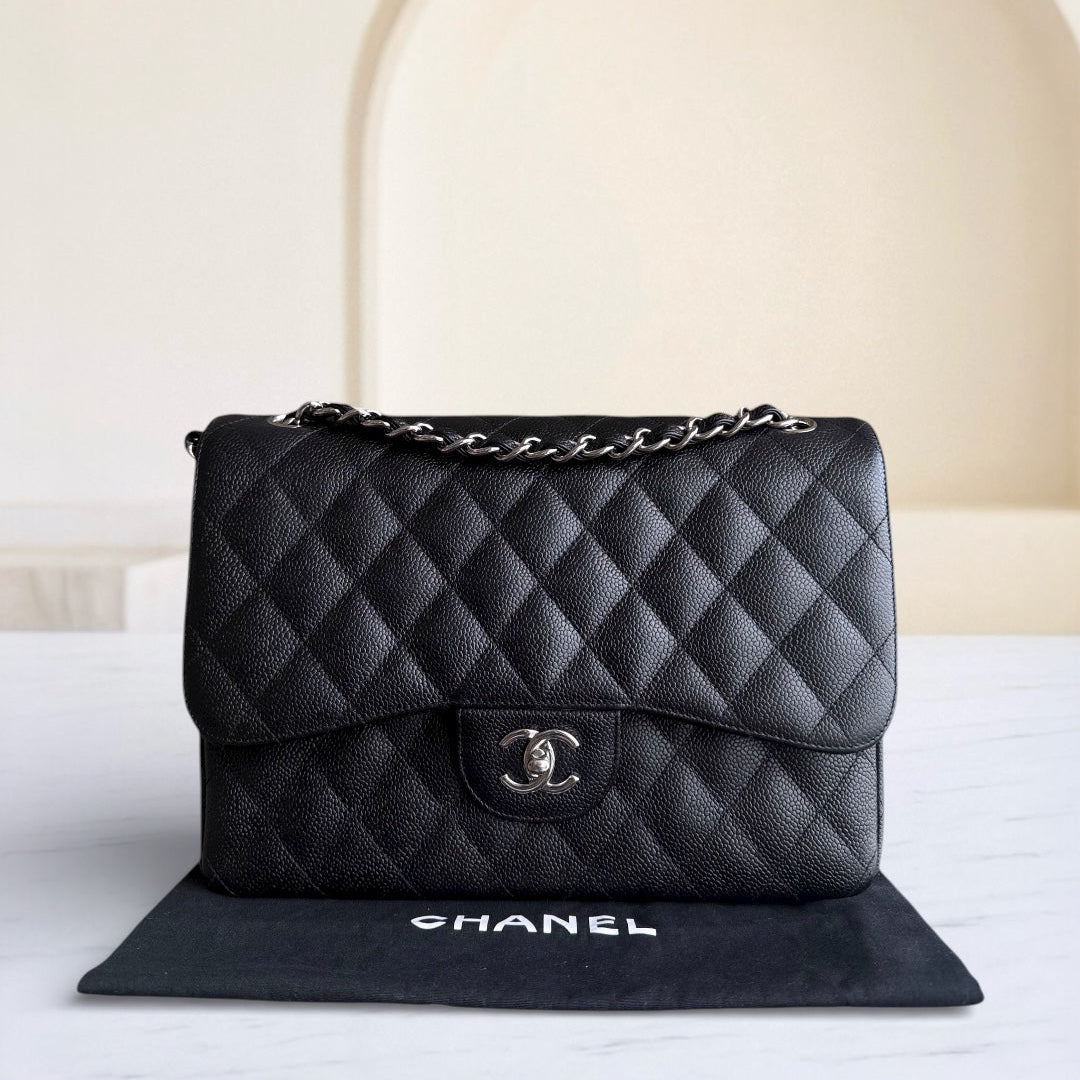 Chanel Classic Flap Jumbo - Caviar 30CM Double Flap Quilted Black Silver Hardware Series 15