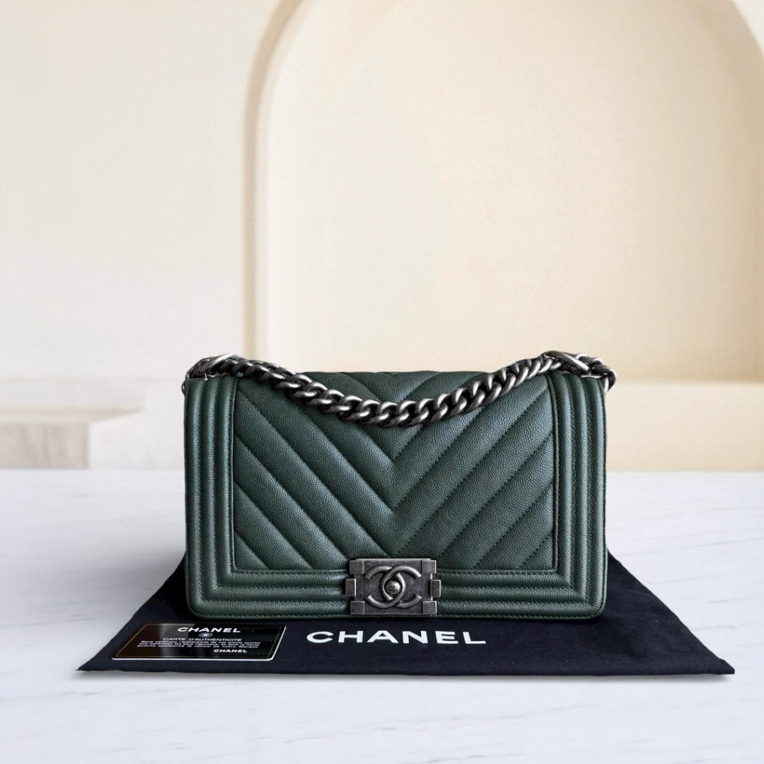 Chanel Boy Medium - Caviar 25CM Chevron Dark Green Ruthenium Silver Hardware Series 26