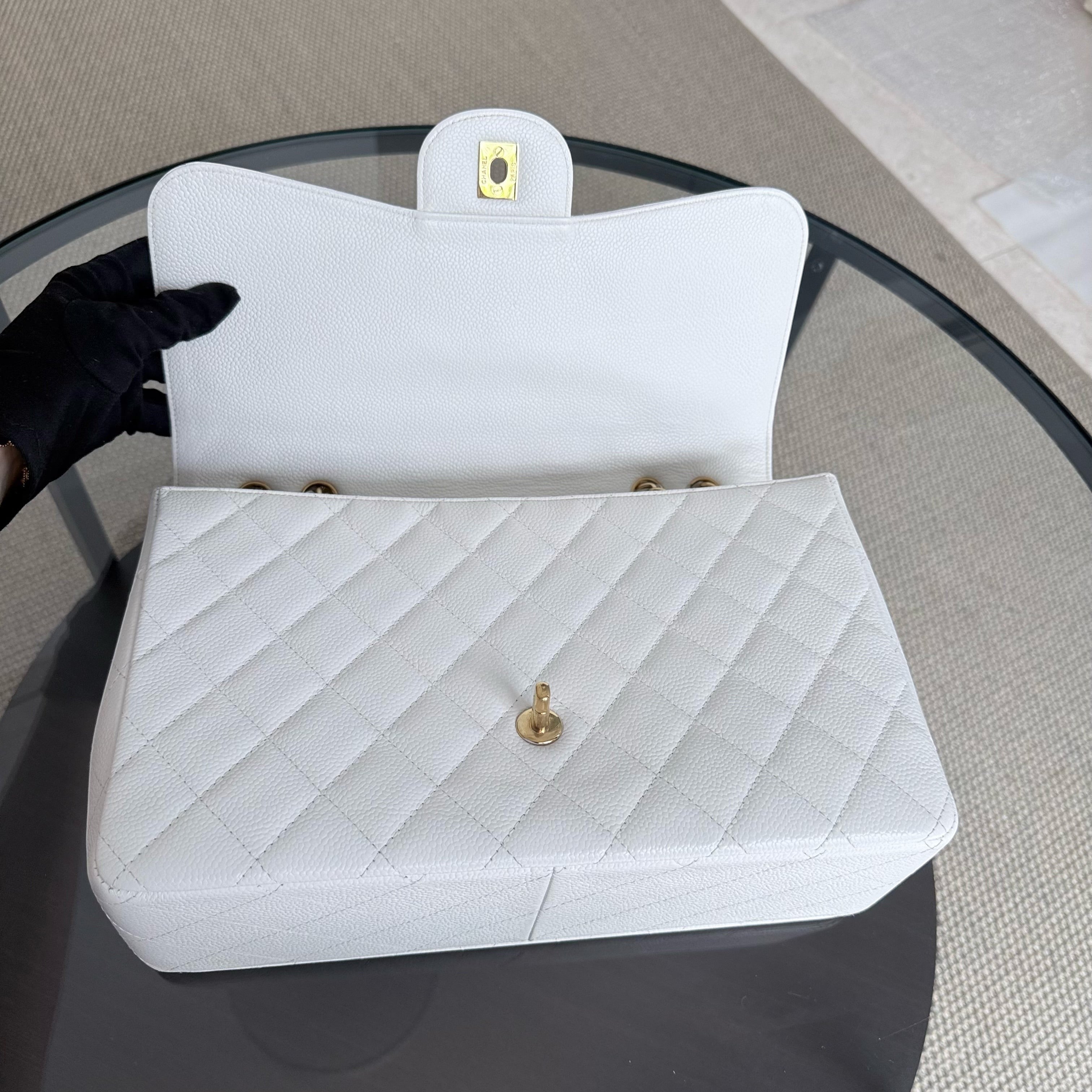 Chanel Classic Flap Jumbo - Caviar 30CM Single Flap Quilted White 24K Gold Hardware Series 11