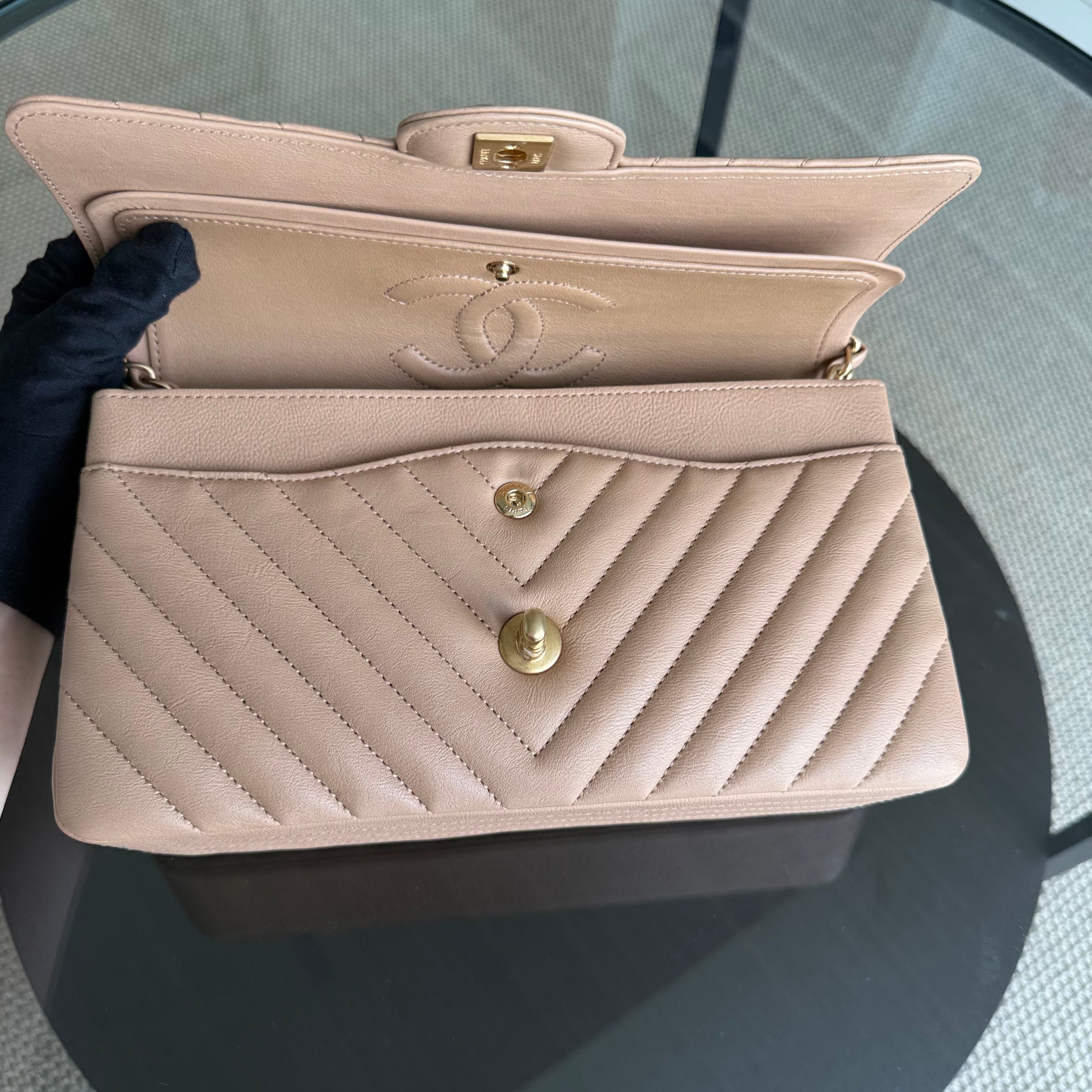 Chanel Classic Flap Medium - 25CM Chevron Grained Calfskin Dark Beige Gold Hardware Series 23