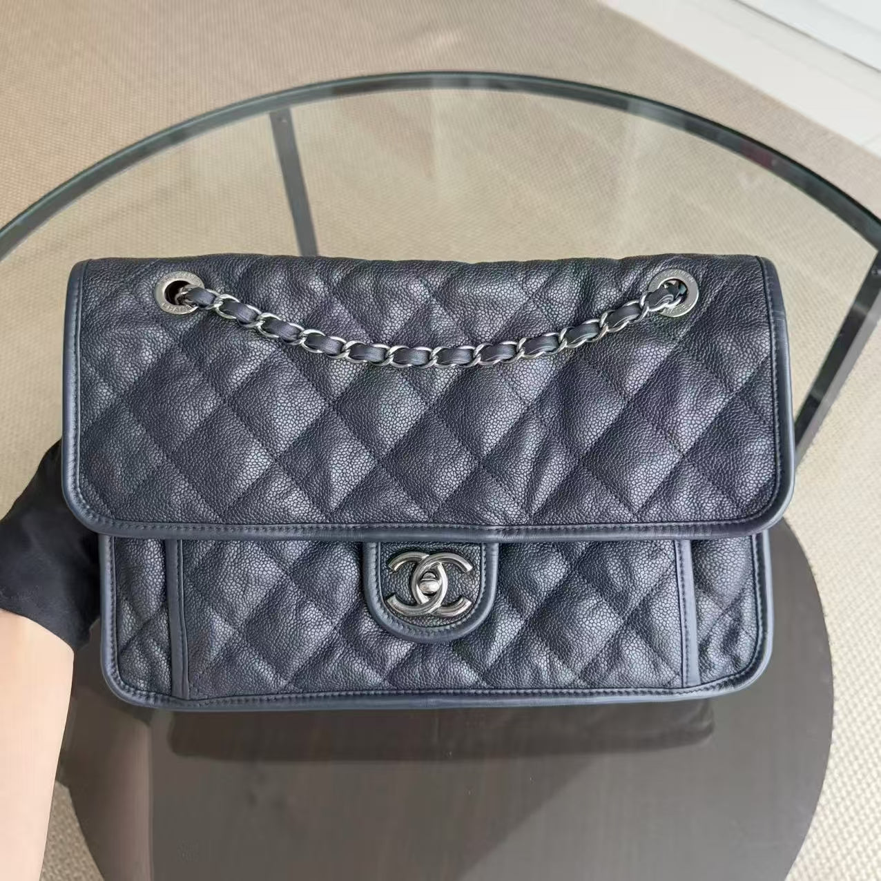 Chanel French Riviera Jumbo - Caviar 30CM Quilted Dark Navy Blue Silver Hardware Series 19