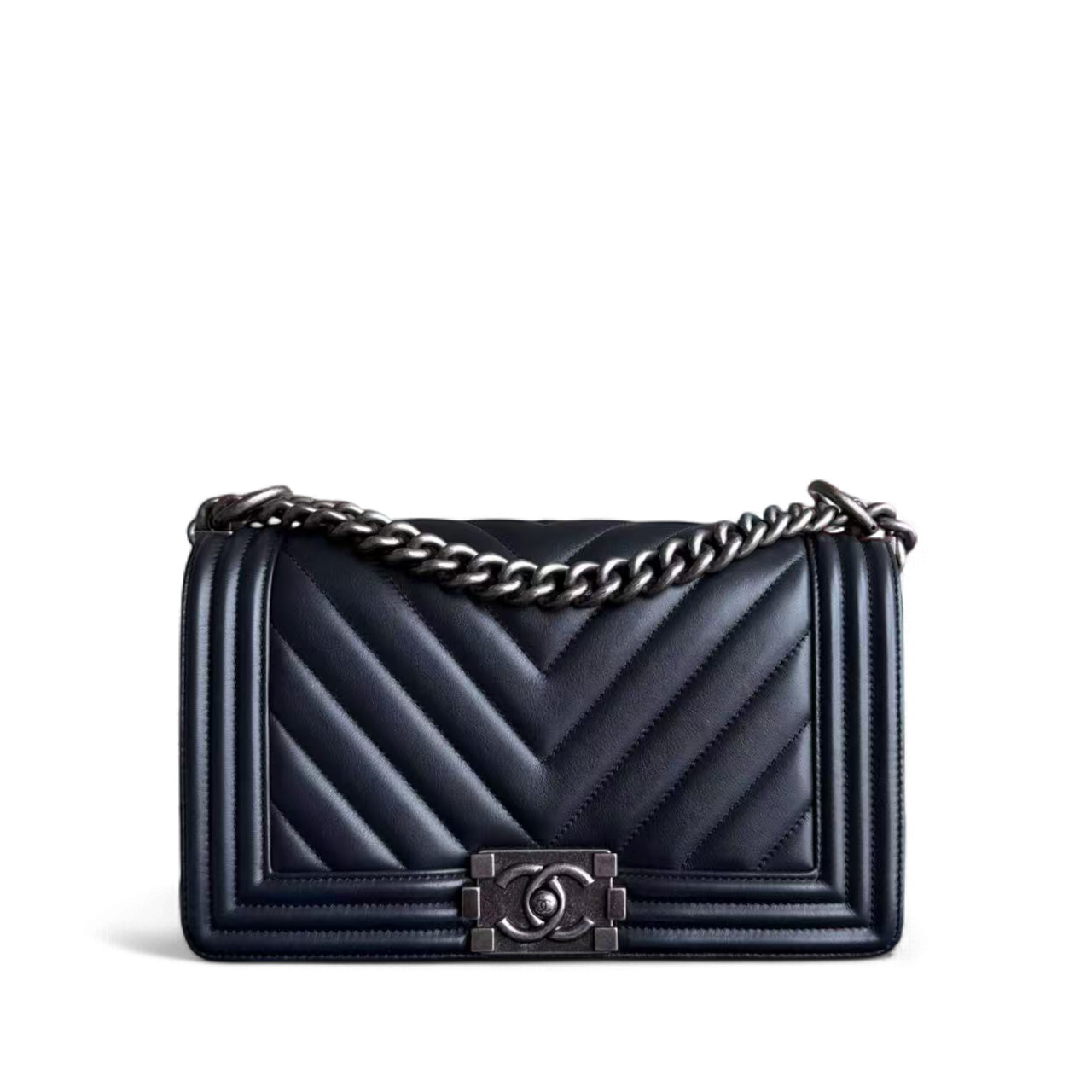 Chanel Boy Medium - Calfskin 25CM Chevron Midnight Blue Ruthenium Silver Hardware Series 25