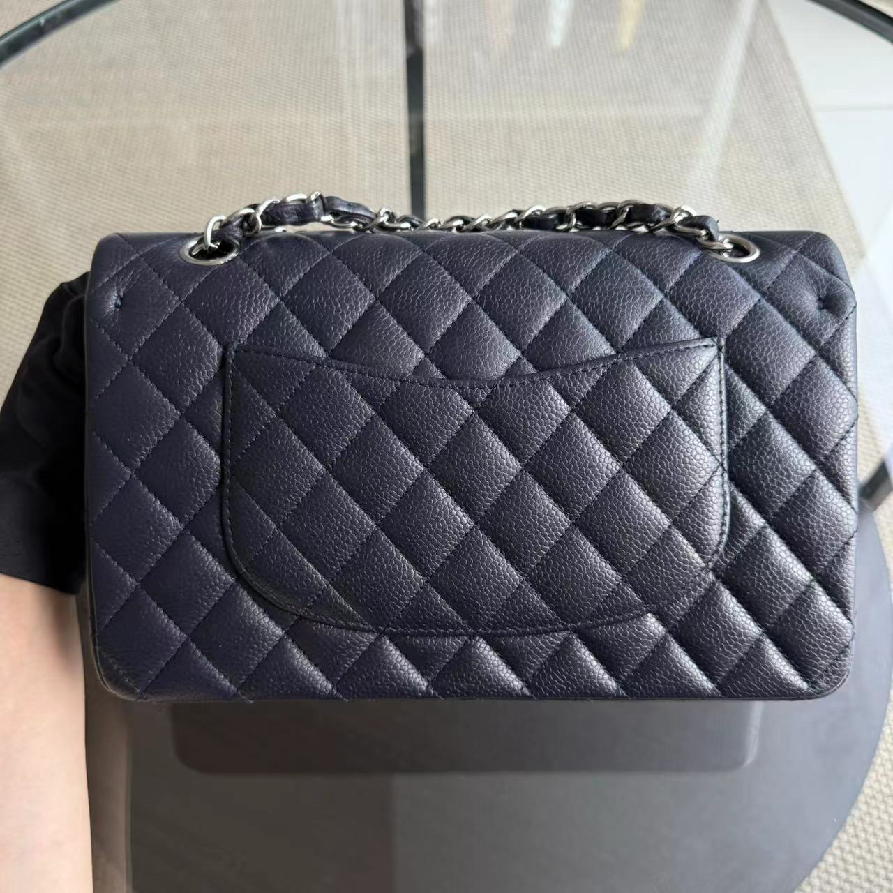 Caviar Medium Classic Flap Quilted Dark Blue Silver Hardware Series 18