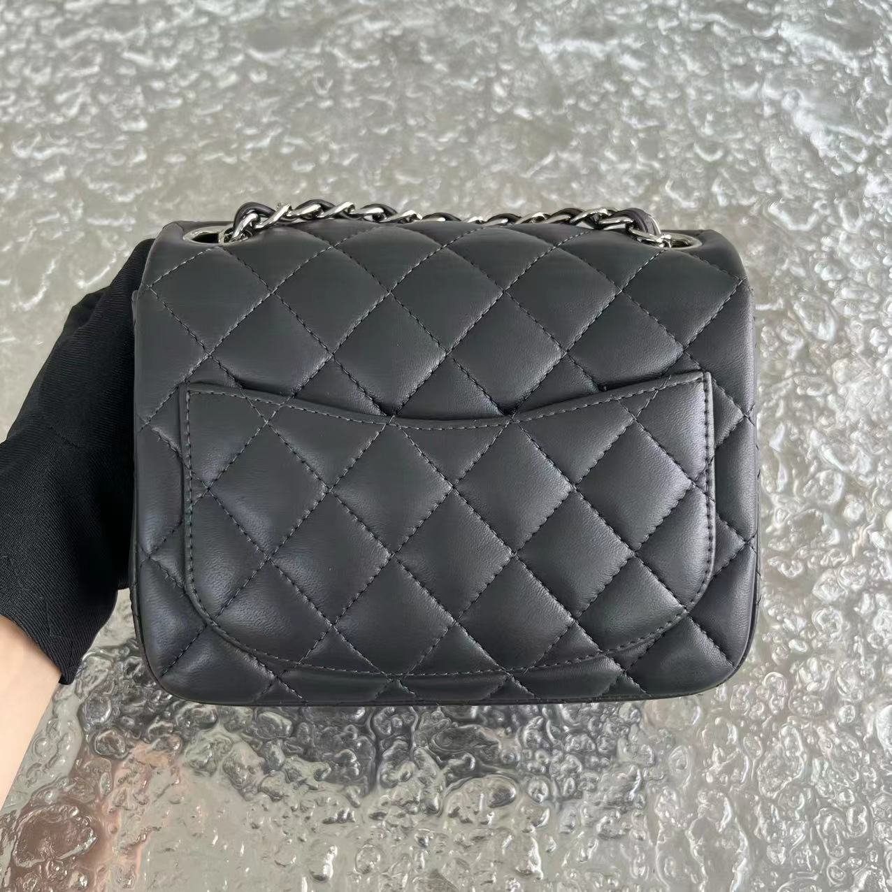 Mini Square Classic Flap Quilted Lambskin Dark Grey Gray Silver Hardware Series 16