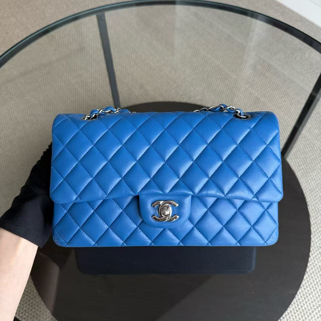 Chanel Classic Flap Medium - 25CM Quilted Lambskin Double Flap Blue Silver Hardware Series 22