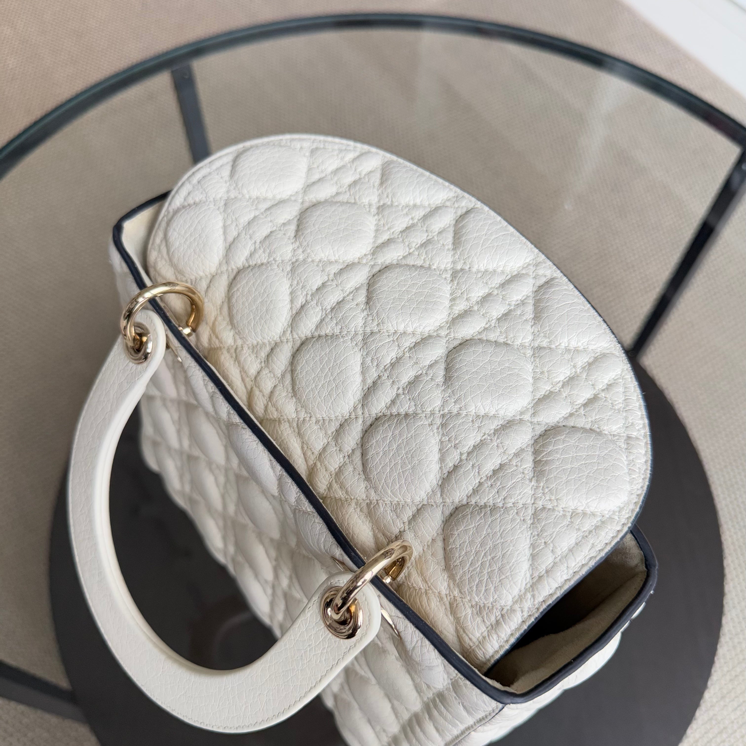 Dior Lady Medium Flap - Grained Calfskin Cannage Cream White Gold Hardware