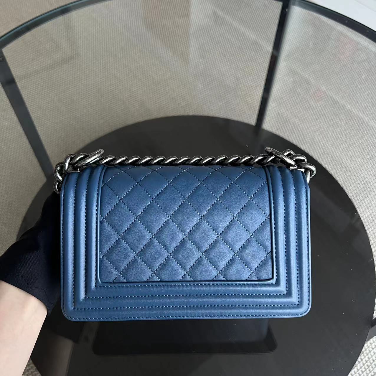 Small Boy Quilted Lambskin Blue Ruthenium Silver Hardware Series 23