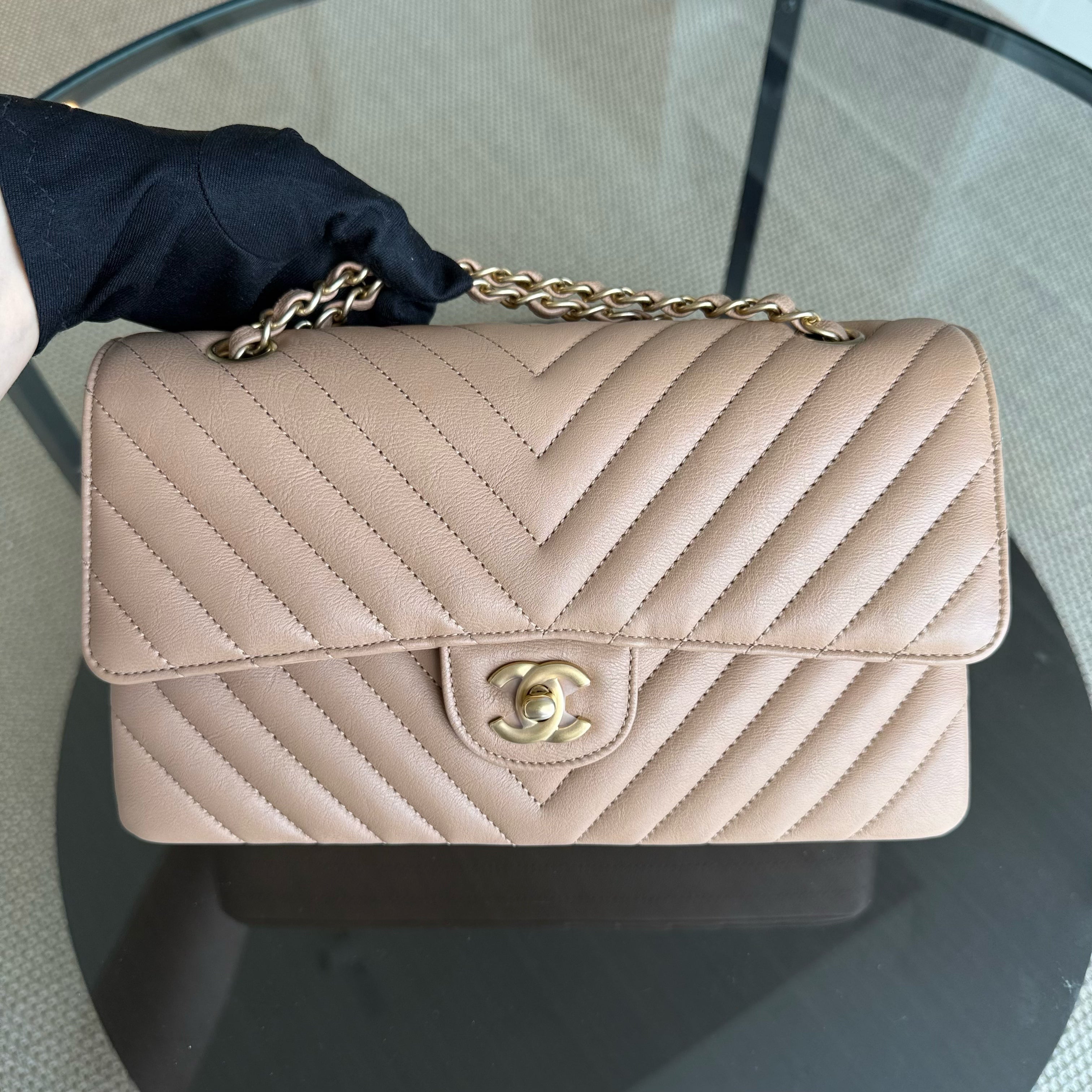 Chanel Classic Flap Medium - 25CM Chevron Grained Calfskin Dark Beige Gold Hardware Series 23