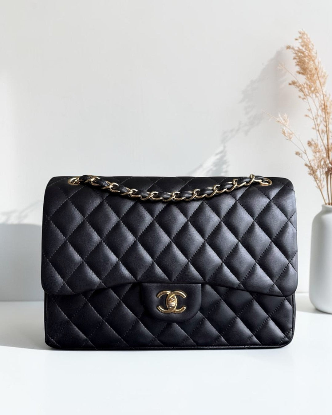 Chanel Classic Flap Jumbo - 30CM Quilted Lambskin Double Flap Black Gold Hardware