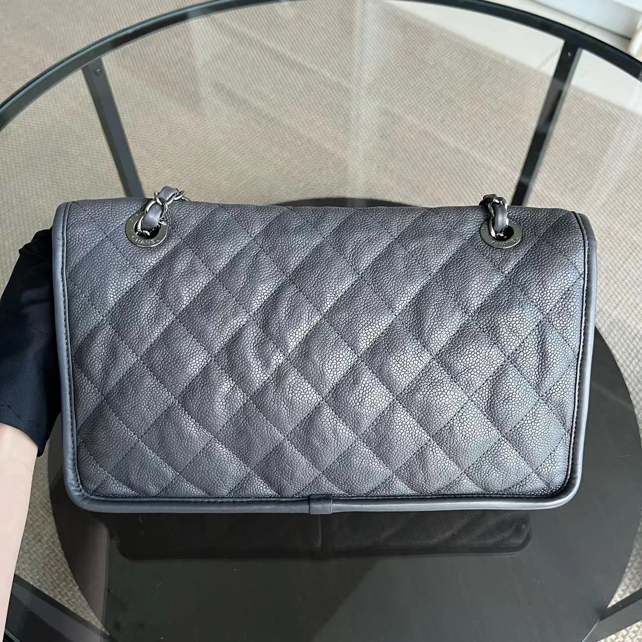 Chanel Caviar French Riviera Medium 25CM Dark Grey Gray Silver Hardware Series 19