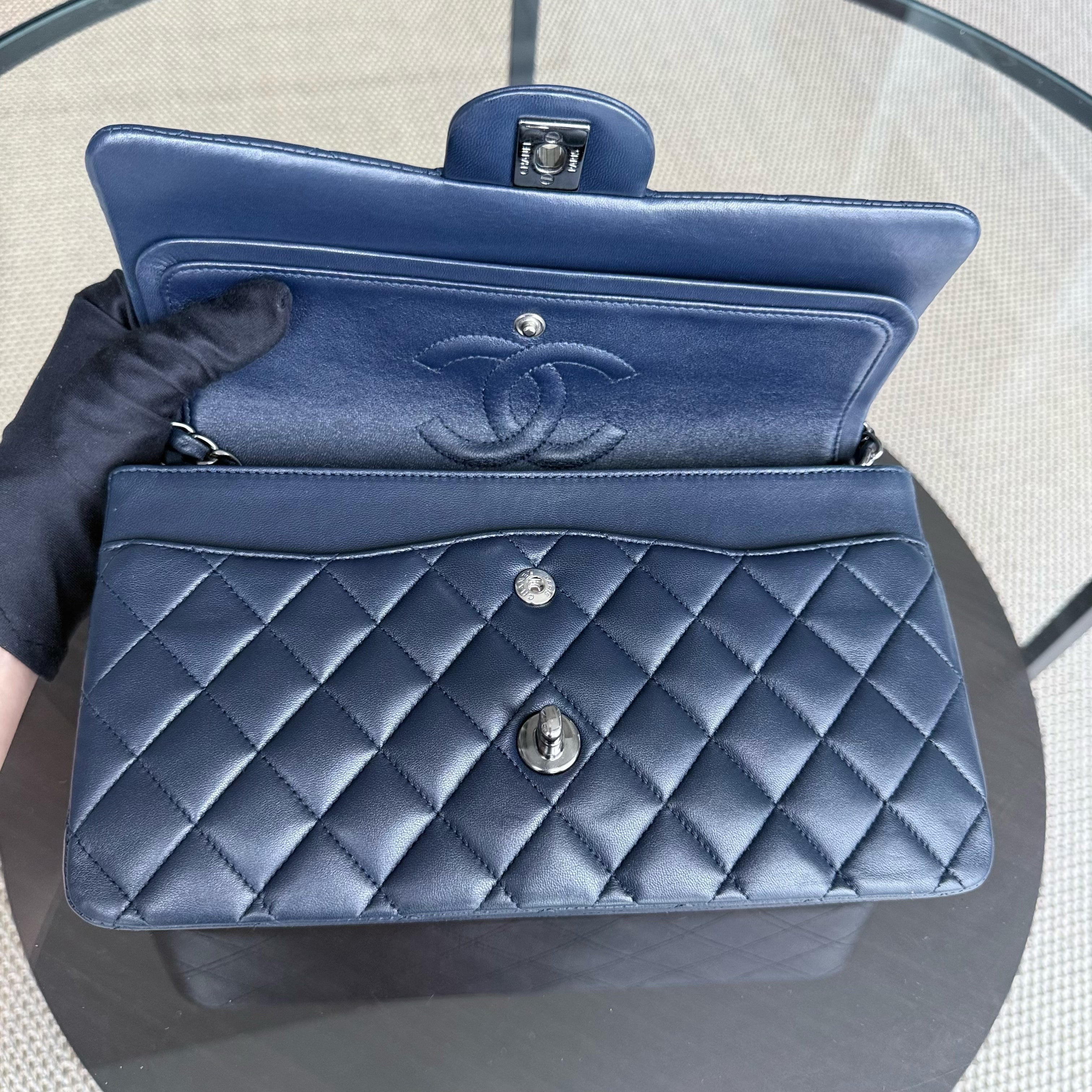 Chanel Classic Flap Medium - 25CM Quilted Lambskin Dark Midnight Blue Silver Hardware Series 18