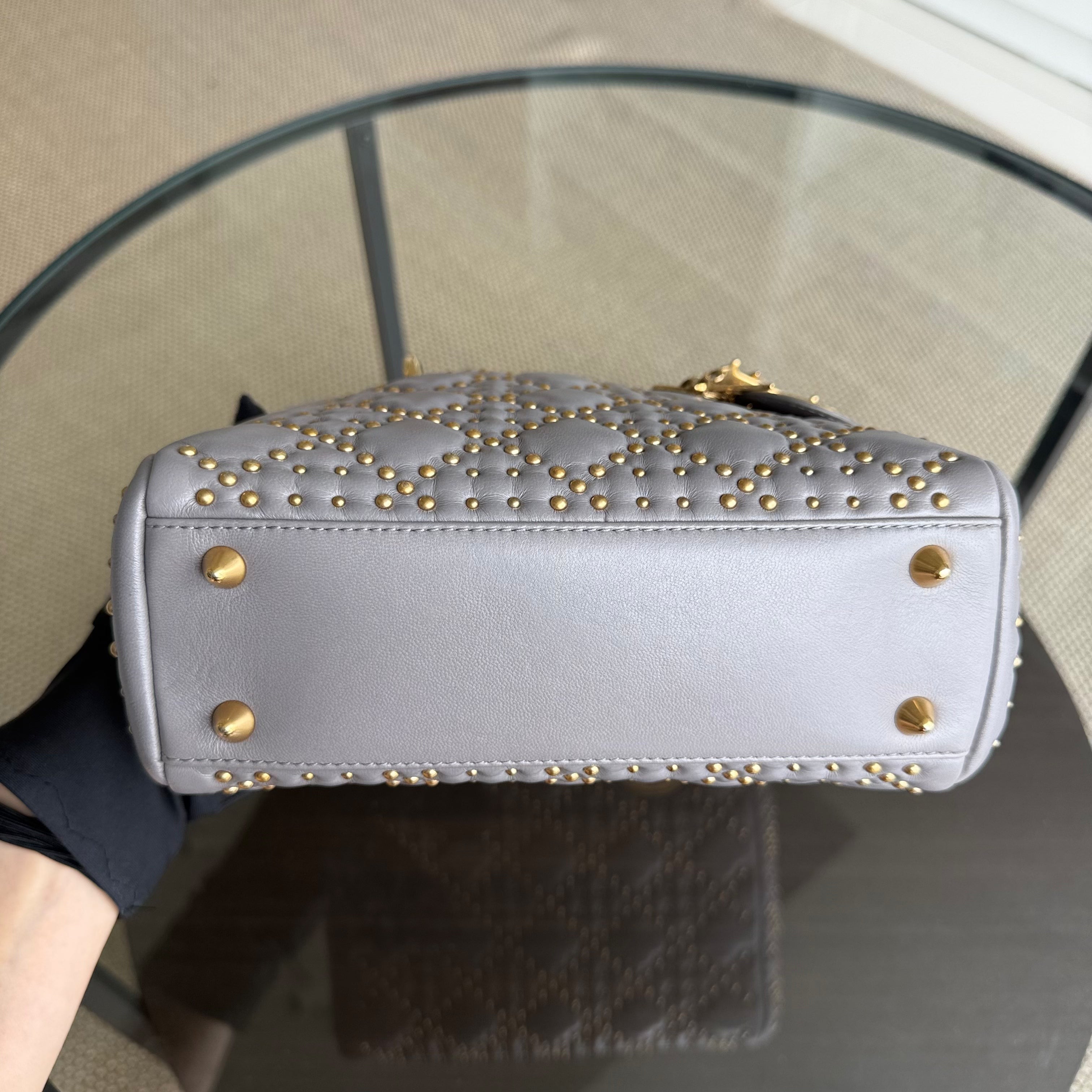 Dior Lady Small - Studded Lambskin Cannage Grey Gray Gold Hardware