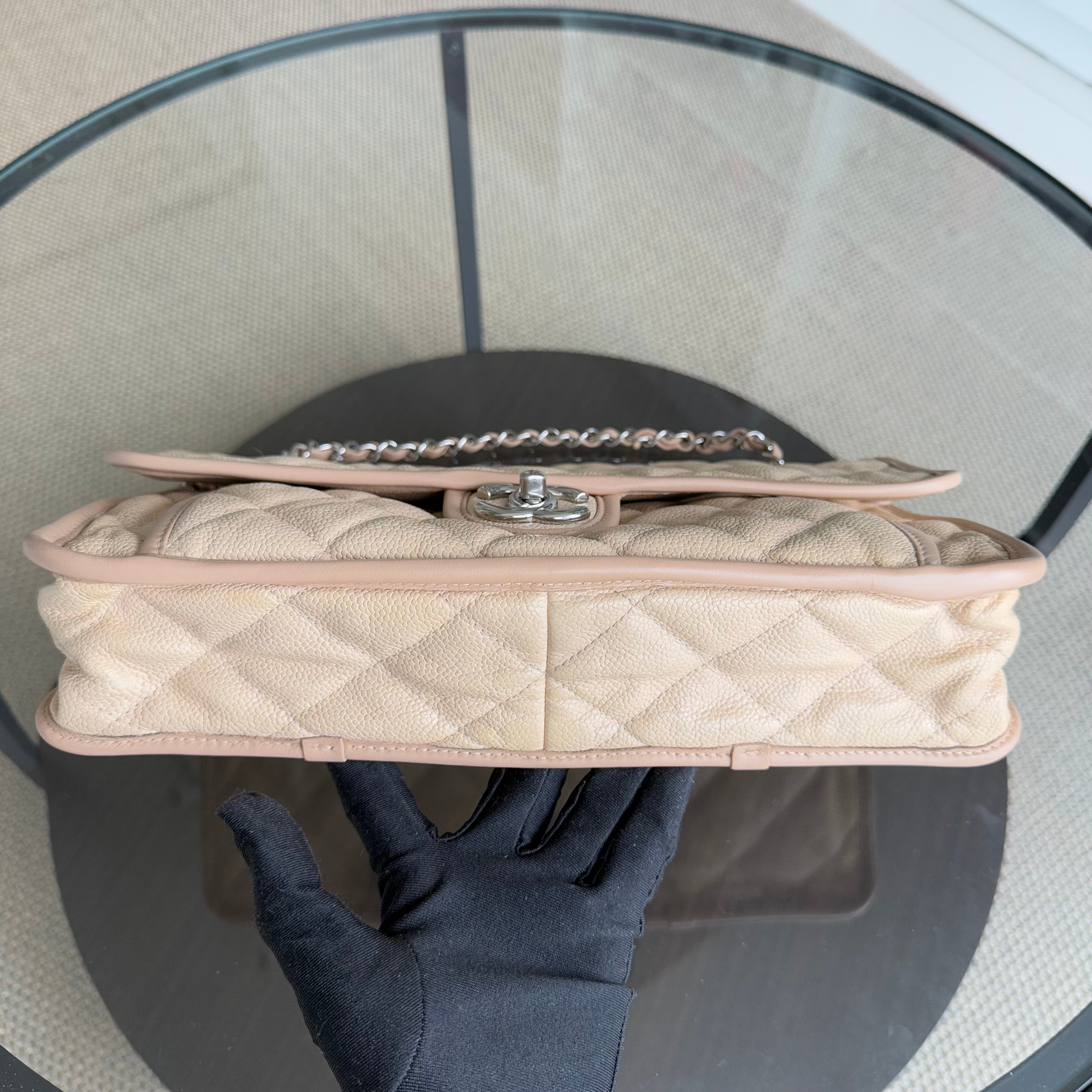 Chanel French Riviera Jumbo - Caviar 33CM Quilted Beige Silver Hardware Series 17