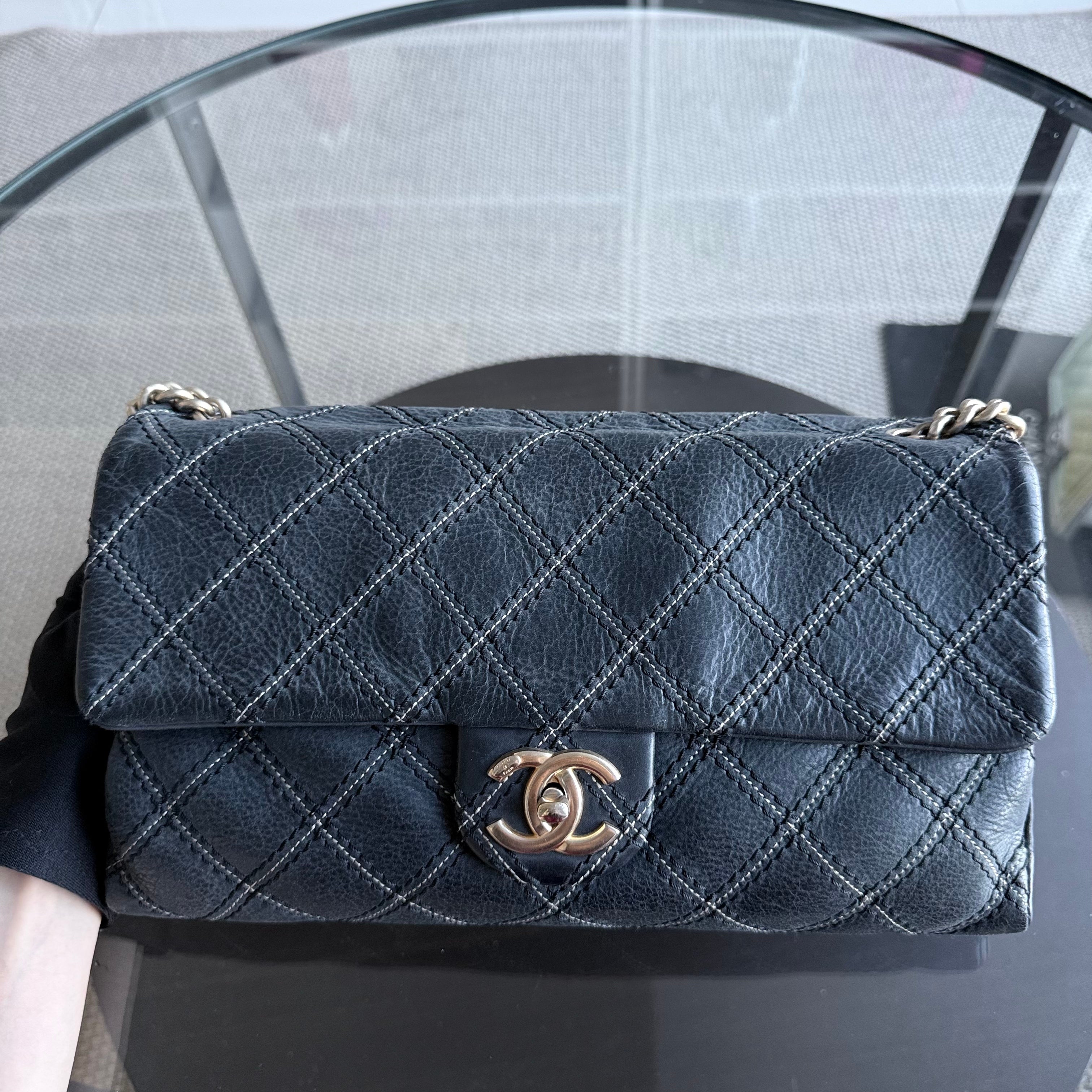 Chanel Seasonal Flap - Iridescent Stitch Quilted Leather Dark Blue Gold Hardware Series 19