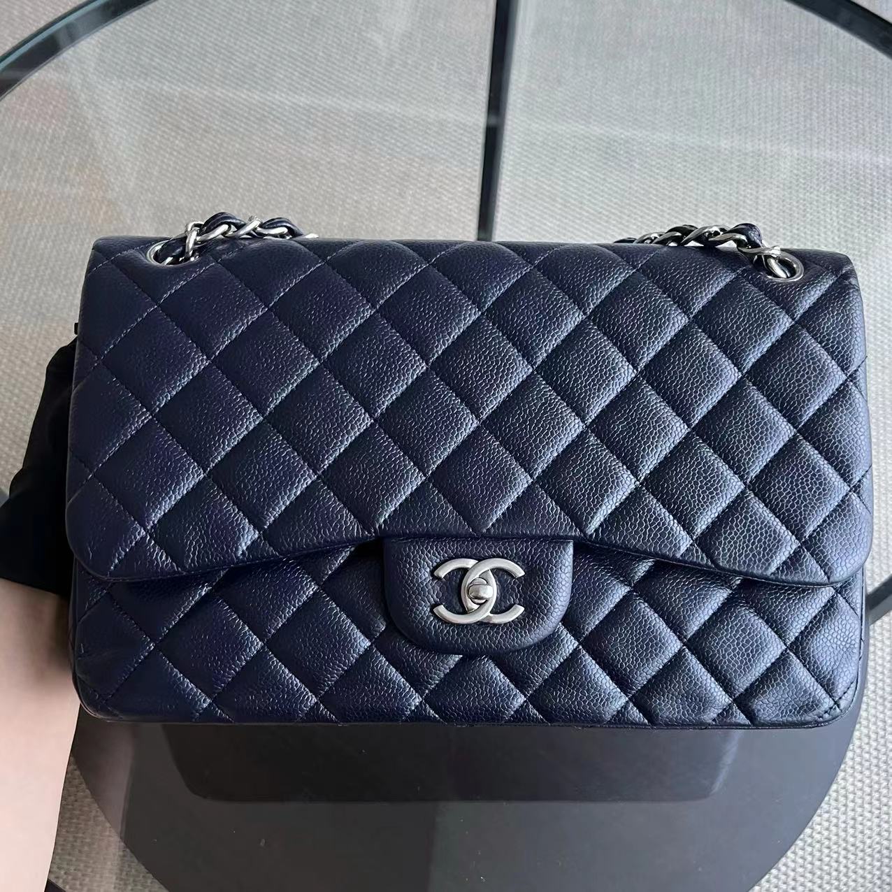 Caviar Jumbo Double Flap Classic Flap Quilted Grained Calfskin Dark Blue Silver Hardware Series 19