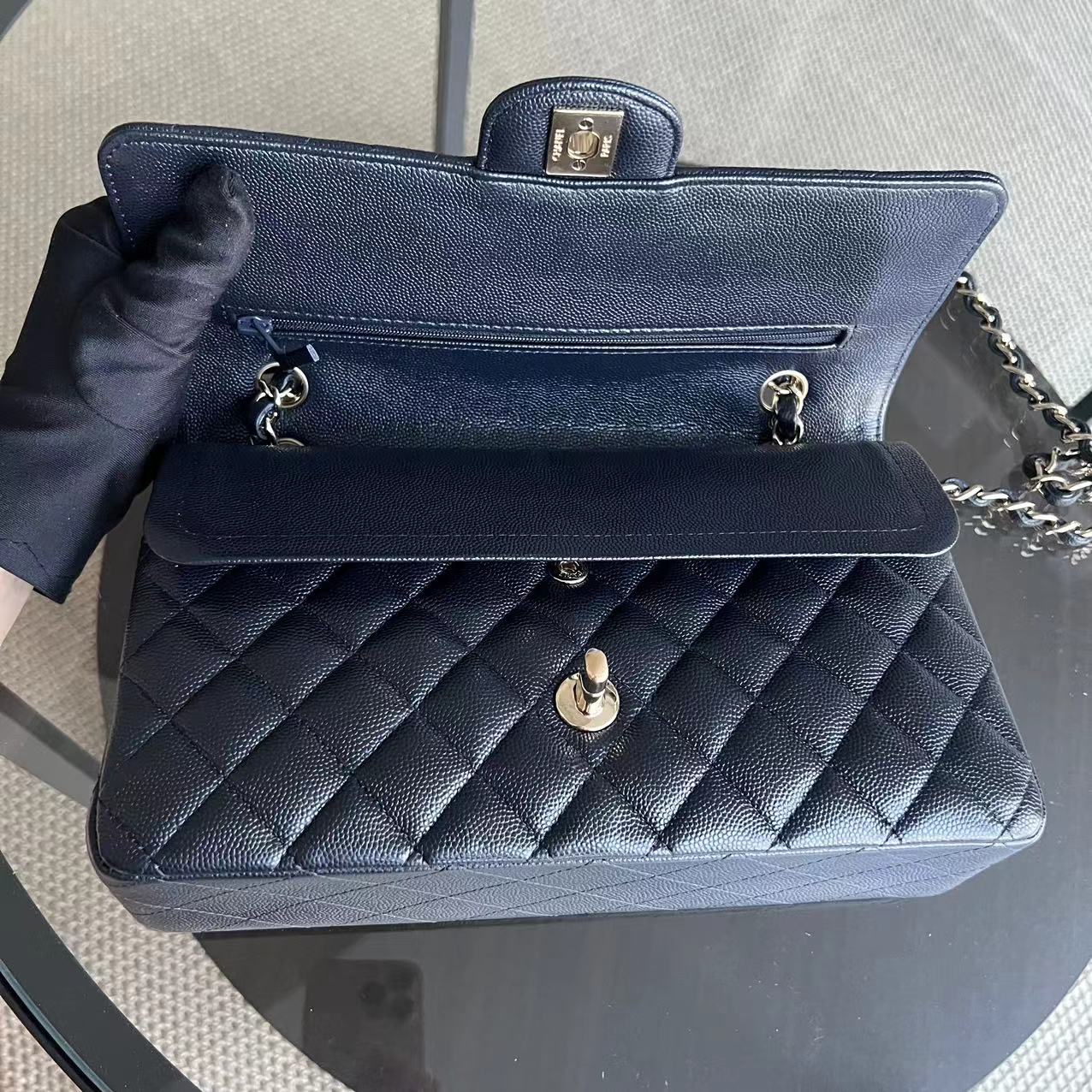 *Unused, Full Set Receipt* Chanel Caviar Classic Flap Double Flap Quilted Grained Calfskin Dark Blue Golden Hardware Series 28