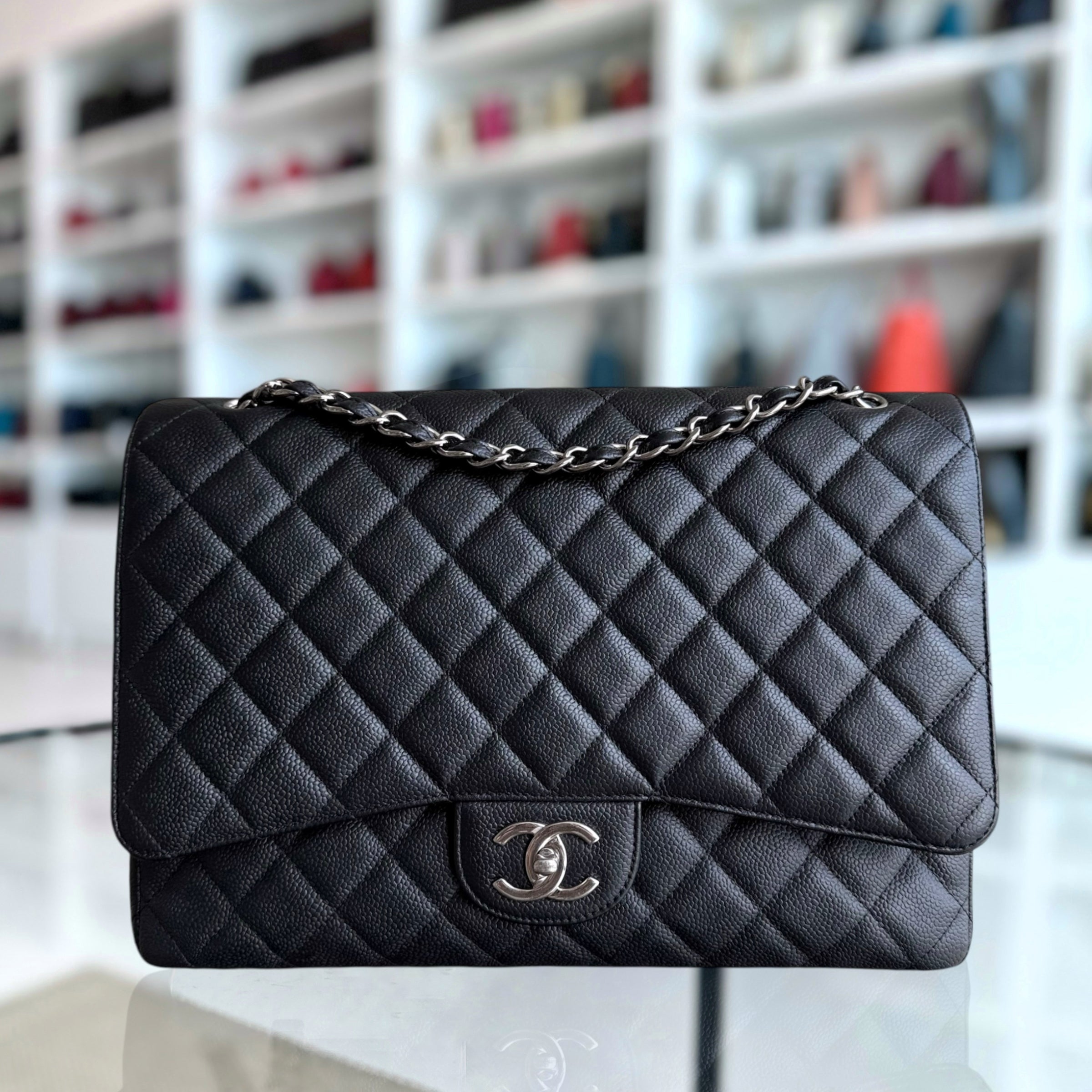 Chanel Classic Flap Maxi - Caviar 33CM Double Flap Black Silver Hardware Series 17