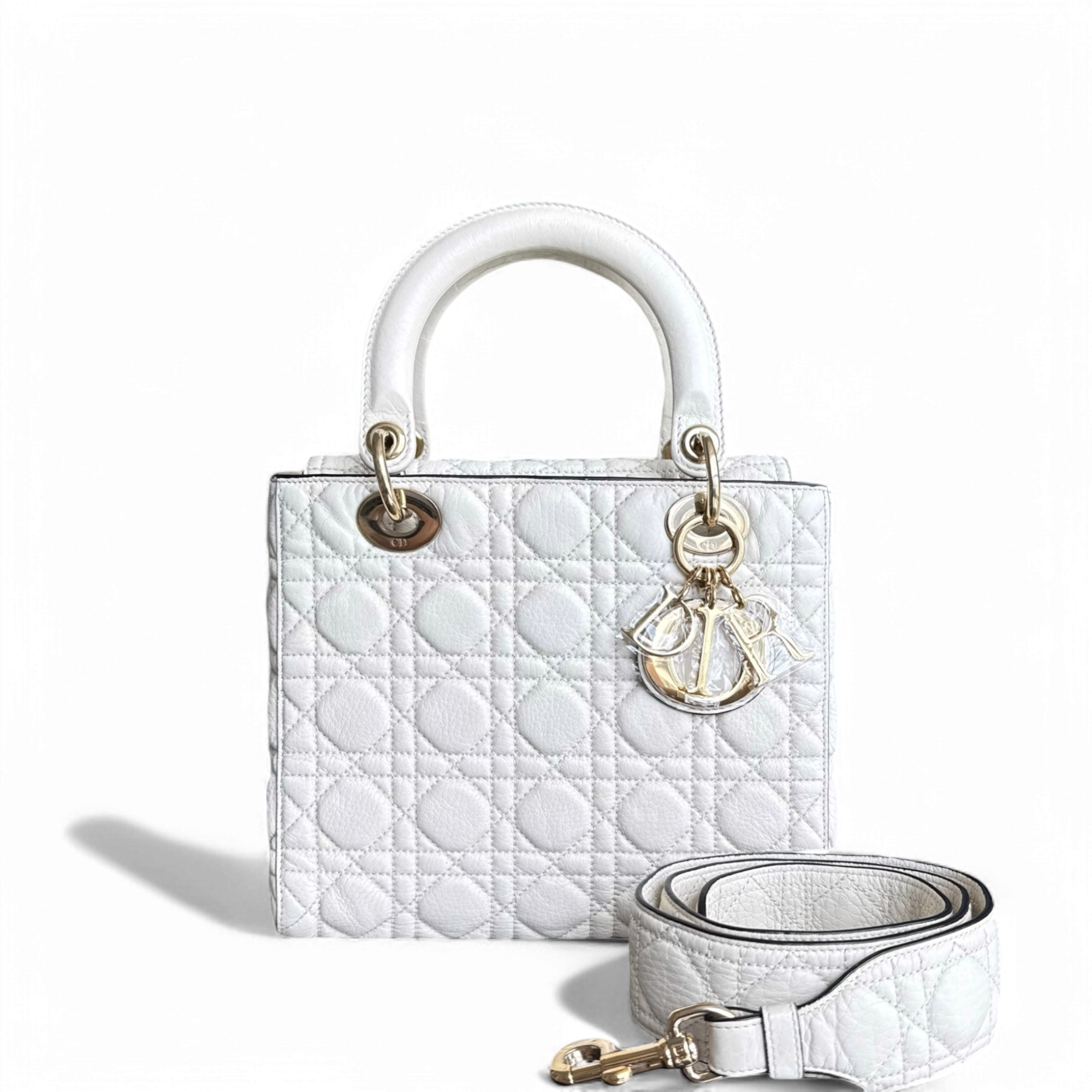 Dior Lady Medium Flap - Calfskin Cannage White Gold Hardware