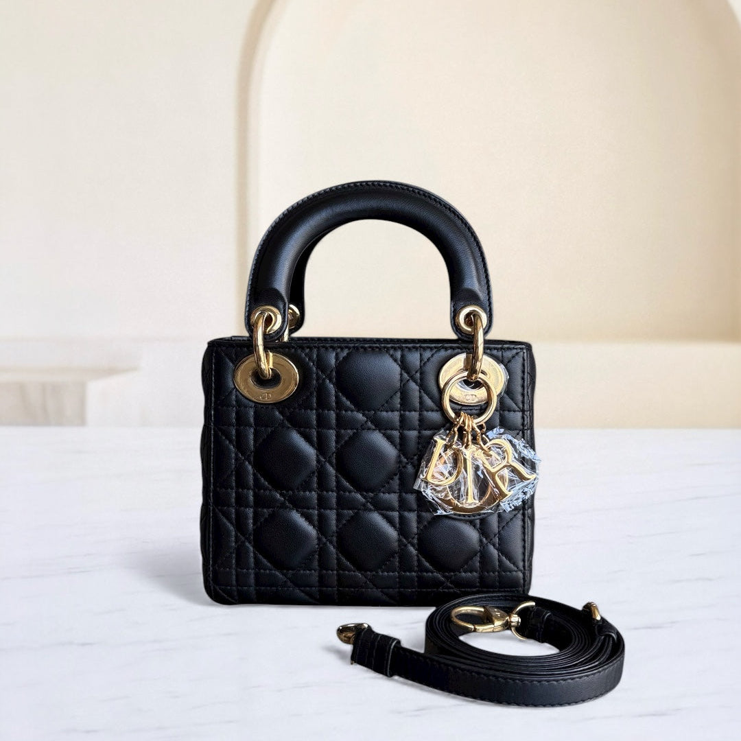 Dior Lady Mini - Cannage Lambskin Black Gold Hardware Adjustable Strap