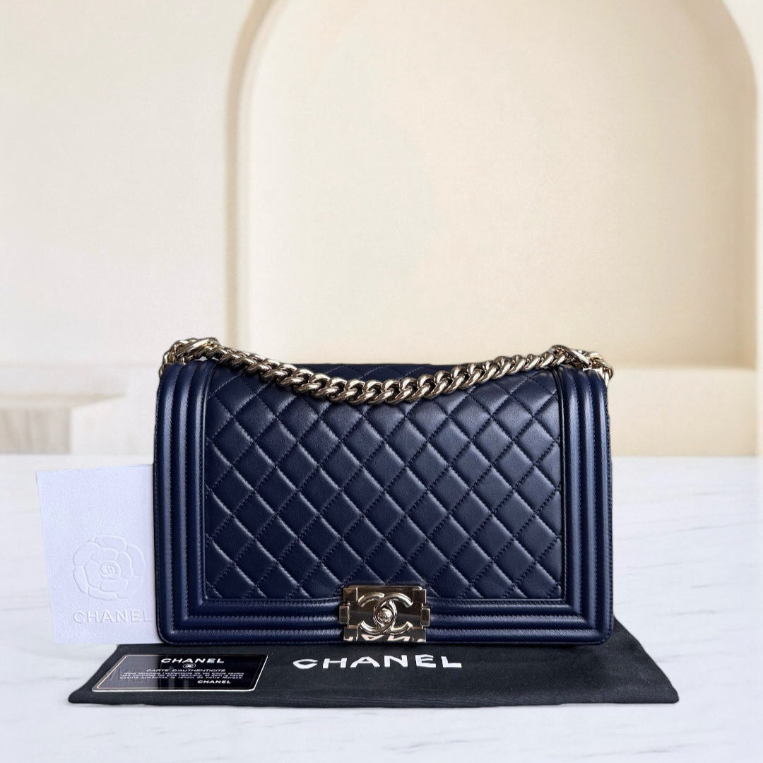 Chanel Boy New Medium - 28CM Quilted Lambskin Dark Blue Gold Hardware Series 22
