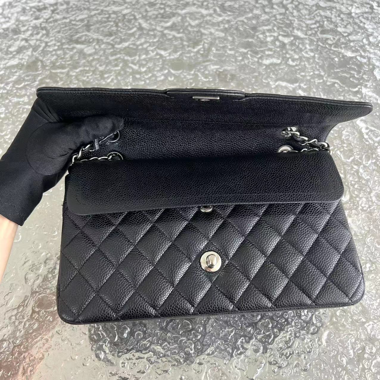 Caviar Double Flap Quilted Calfskin Black Silver Hardware Series 14