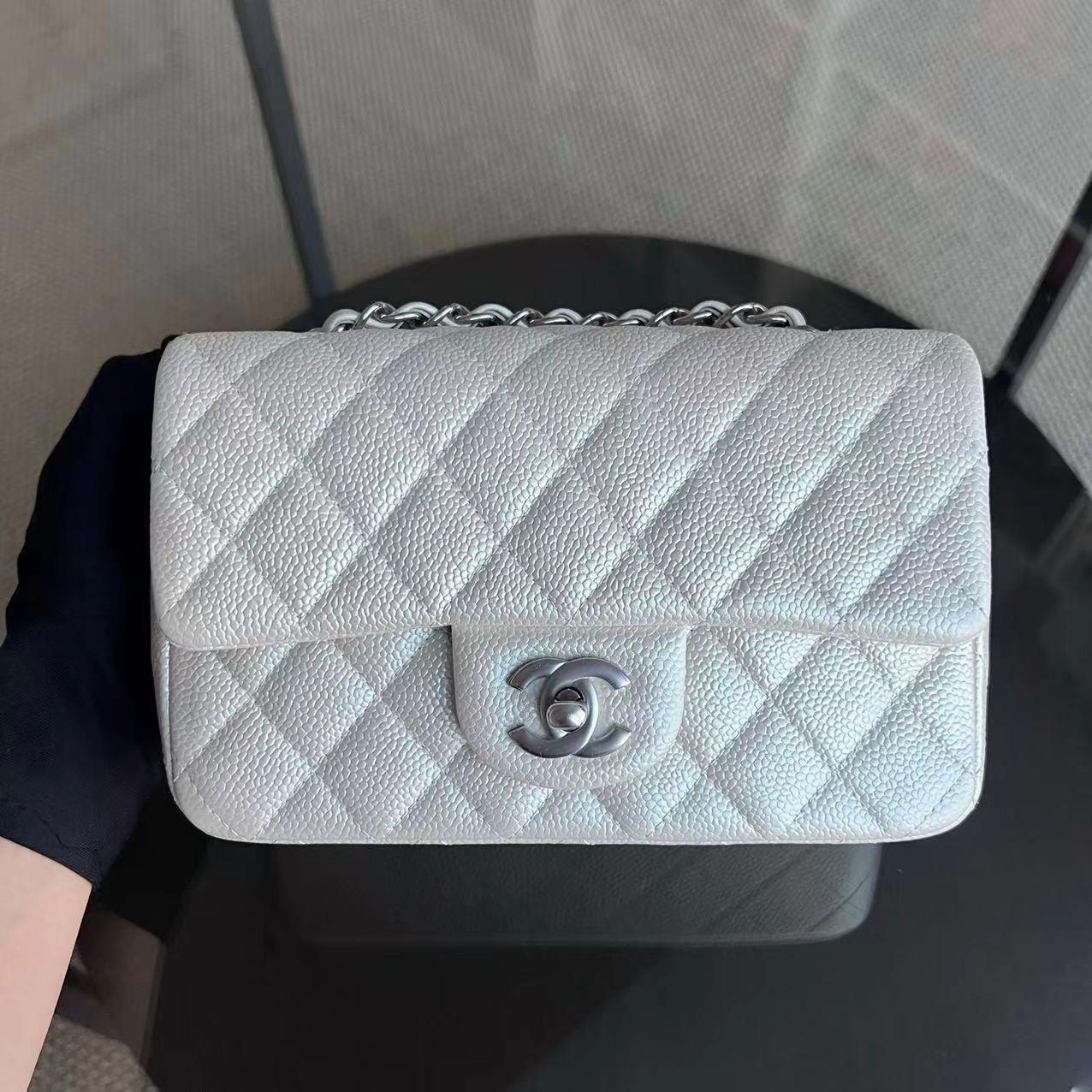 *Unused* Caviar Mini Rectangle Classic Flap Quilted Iridescent Pearl White Silver Hardware Series 20