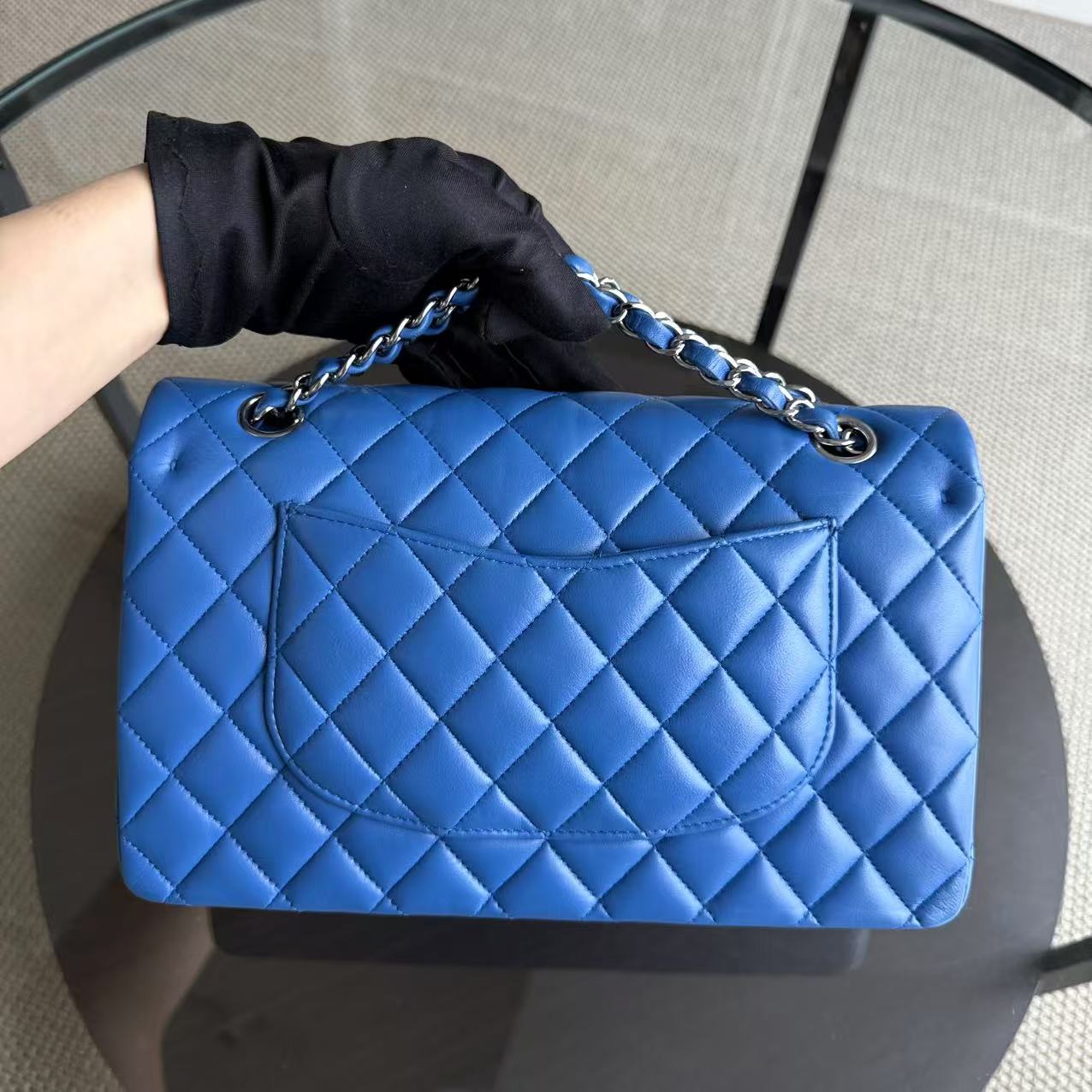 Chanel Classic Flap Medium - 25CM Quilted Lambskin Double Flap Blue Silver Hardware Series 22