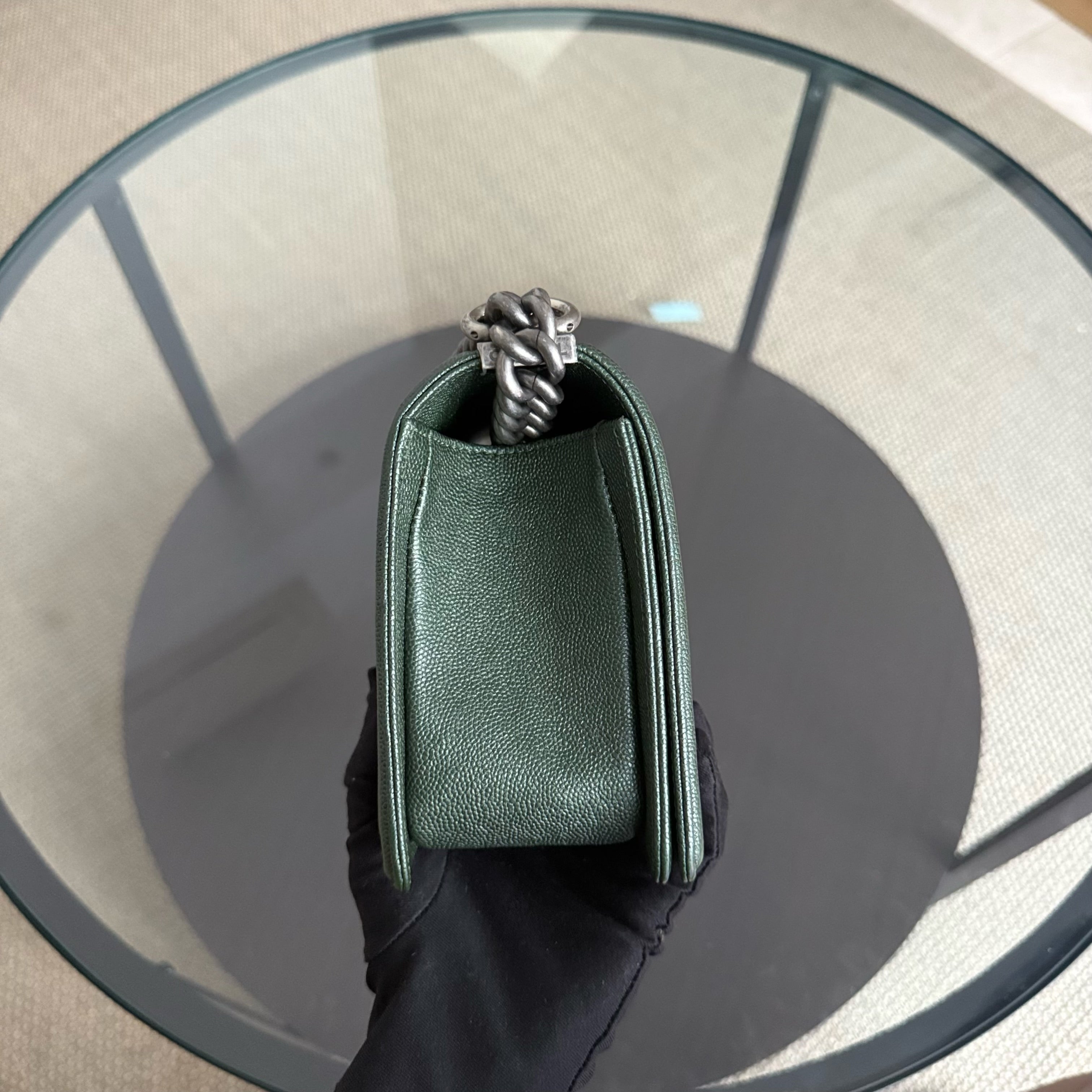 Chanel Boy Medium - Caviar 25CM Chevron Dark Green Ruthenium Silver Hardware Series 26
