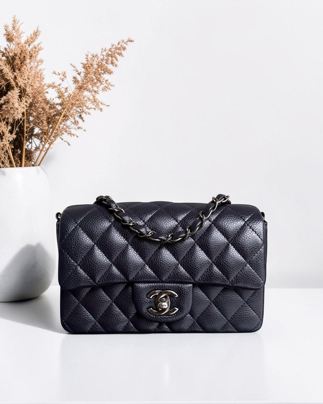 Chanel Caviar Mini Rectangle Classic Flap - 20CM Quilted Midnight Blue Ruthenium Silver Hardware Series 21