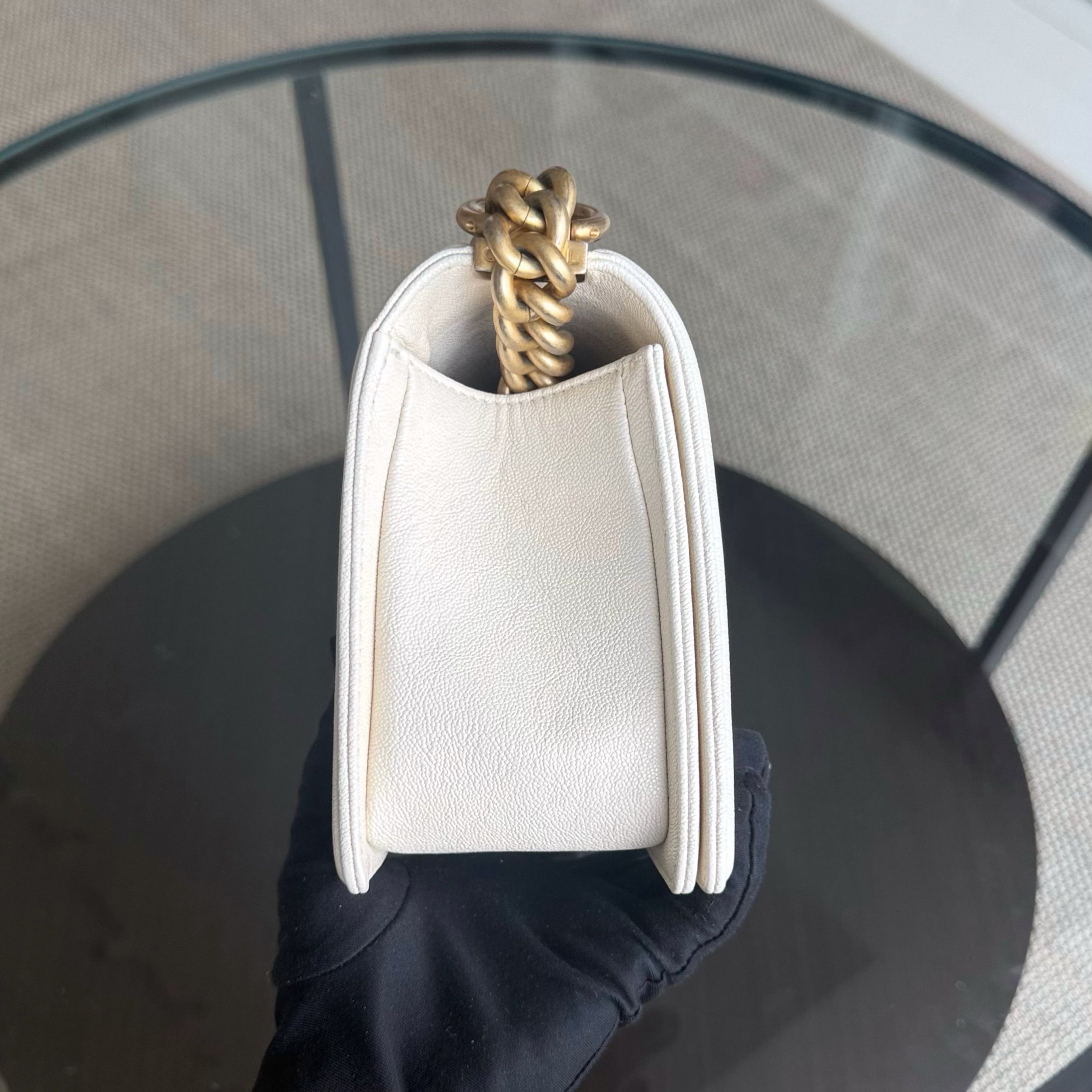 Chanel Boy Medium - Caviar 25CM Cream White Aged Gold Hardware Series 26