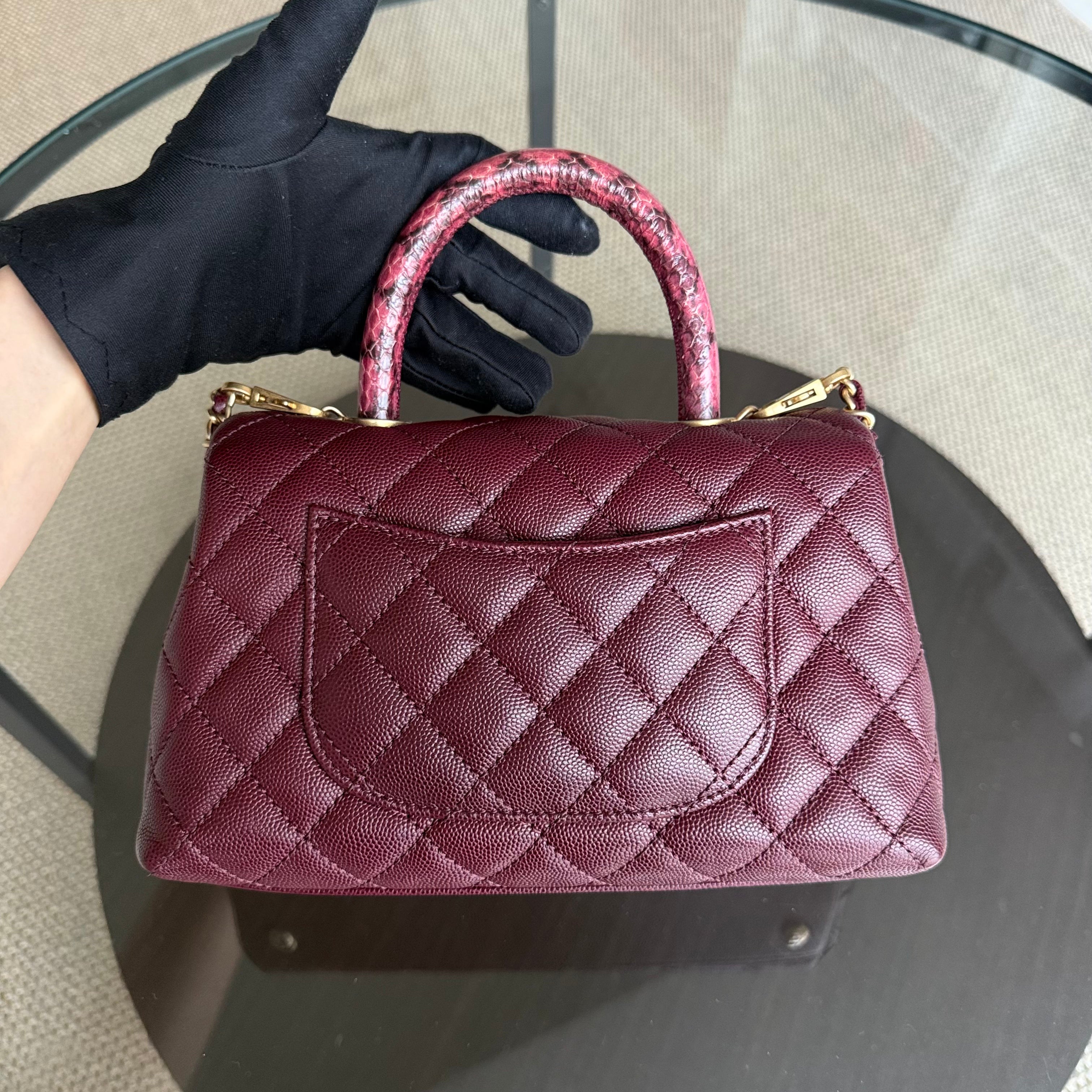 Chanel Coco Handle Small - Caviar Quilted Lizard Burgundy Dark Red Gold Hardware Series 26