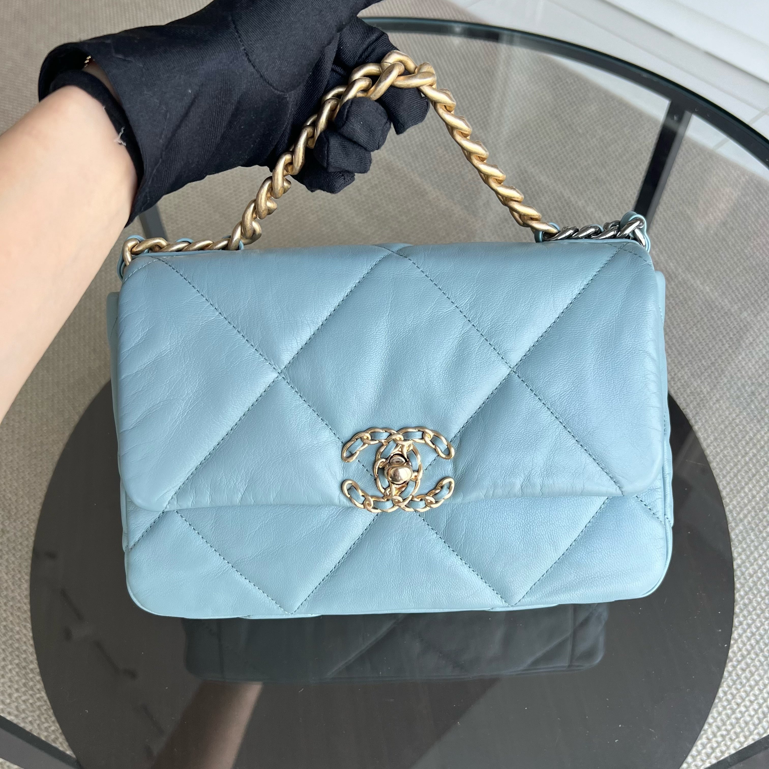 Chanel C19 Small 19 Bag Quilted Goatskin Light Blue Two-Tone Hardware Series 30