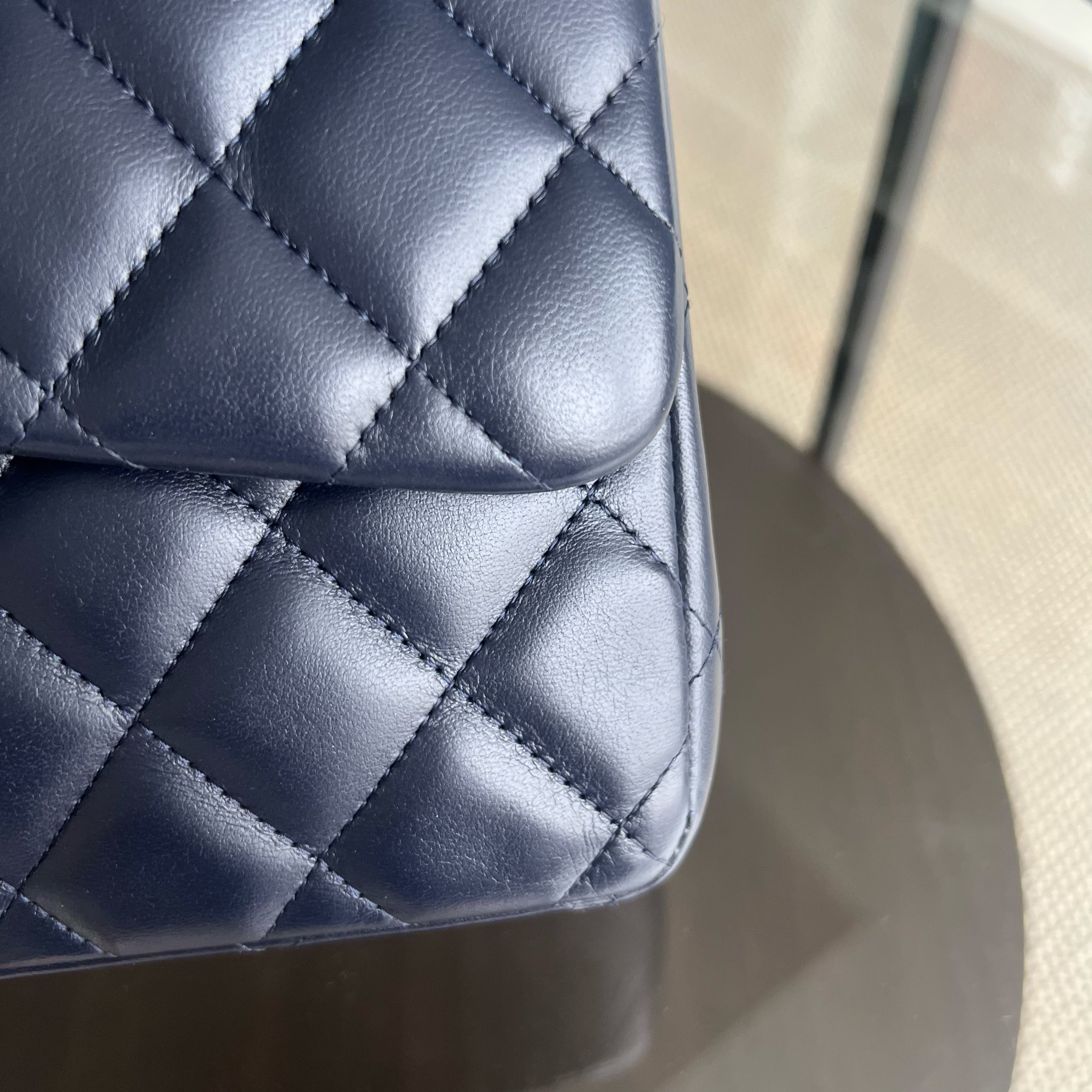 Chanel Classic Flap Jumbo - Double Flap Lambskin 30CM Quilted Dark Navy Blue Silver Hardware Series 16