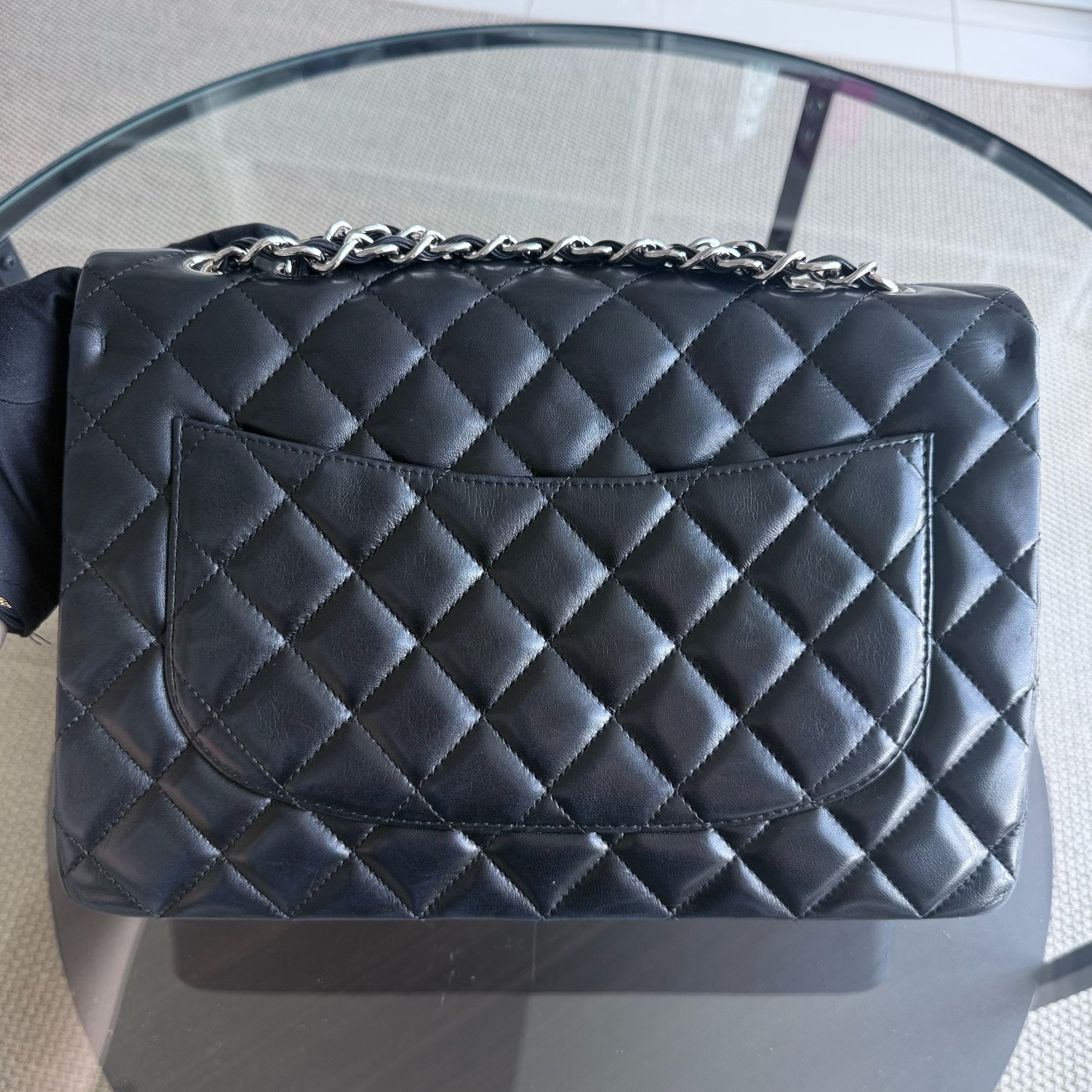 Chanel Classic Flap Jumbo - 30CM Quilted Lambskin Single Flap Black Silver Hardware