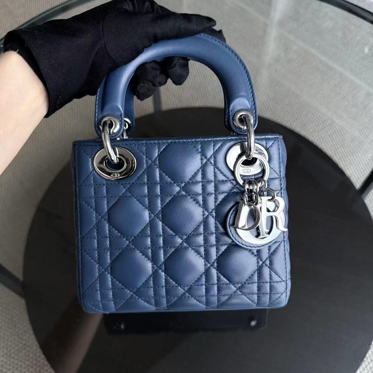 Dior Lady Mini Bag - Cannage Lambskin Blue Adjustable Strap Silver Hardware