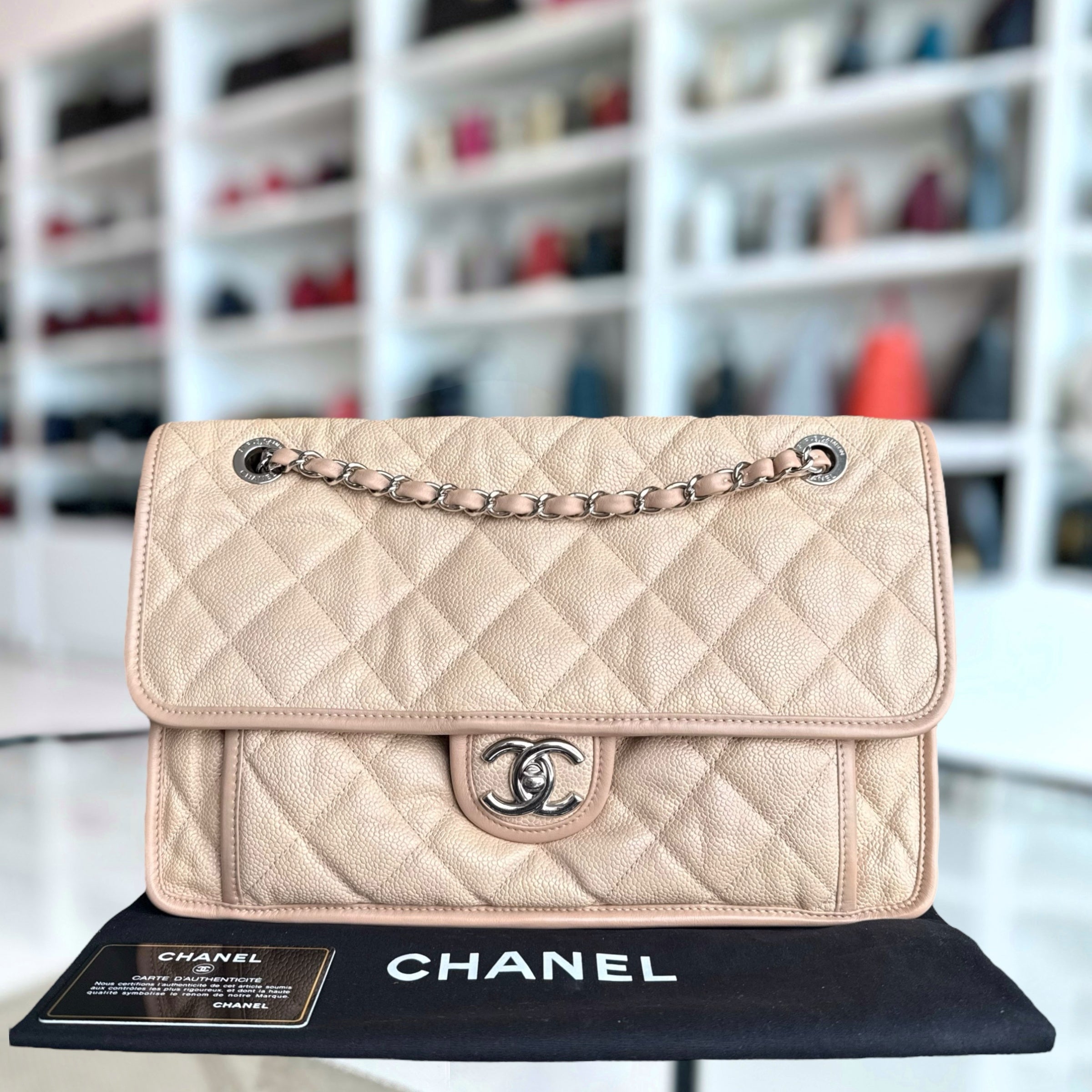 Chanel French Riviera Jumbo - Caviar 33CM Quilted Beige Silver Hardware Series 17