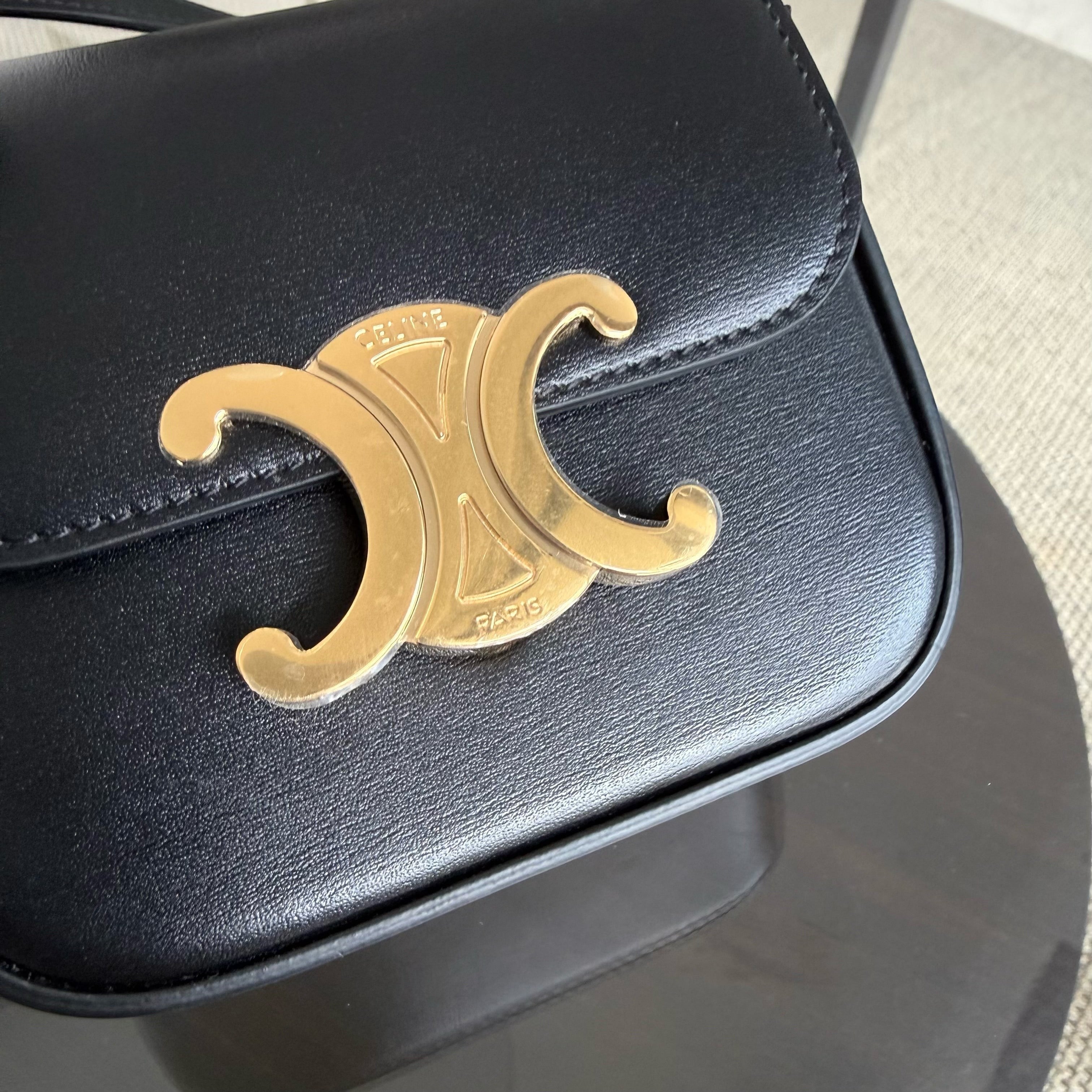 Celine Triomphe Mini Claude Flap Bag in Black Shiny Calfskin and GHW