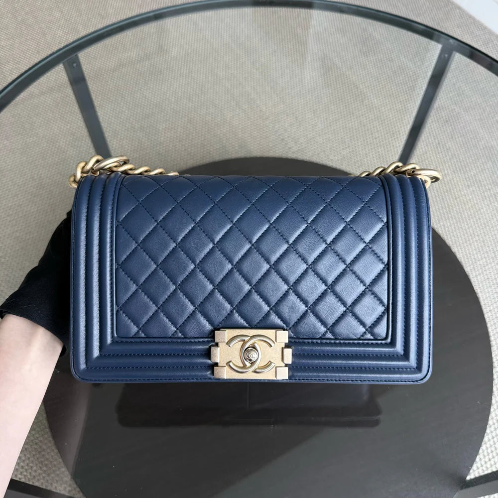 Chanel Boy Medium - 25CM Quilted Lambskin Dark Blue Gold Hardware Series 21
