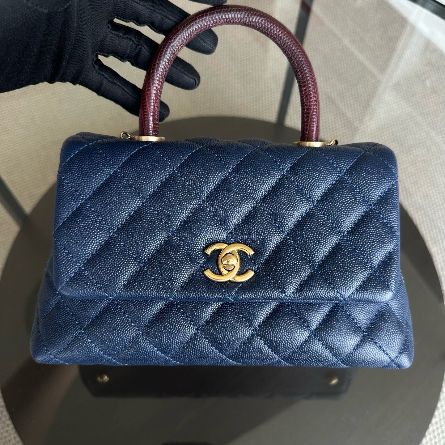 Chanel Coco handle Small - Caviar 24CM Quilted Calfskin Lizard Dark Blue Gold Hardware No 24