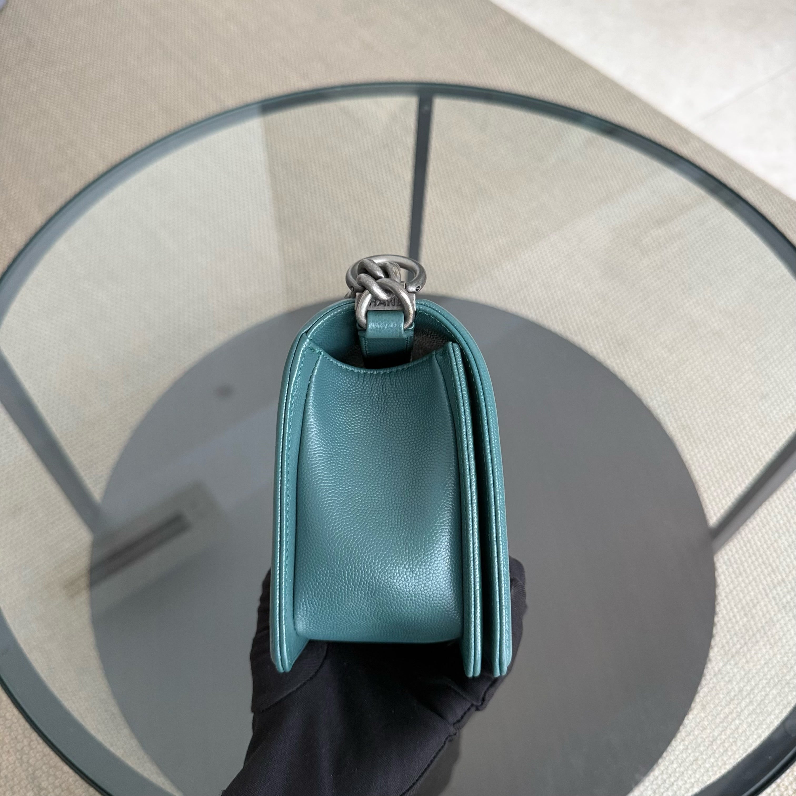 Chanel Boy Medium - Caviar 25CM Chevron Dark Green Ruthenium Silver Hardware Series 24