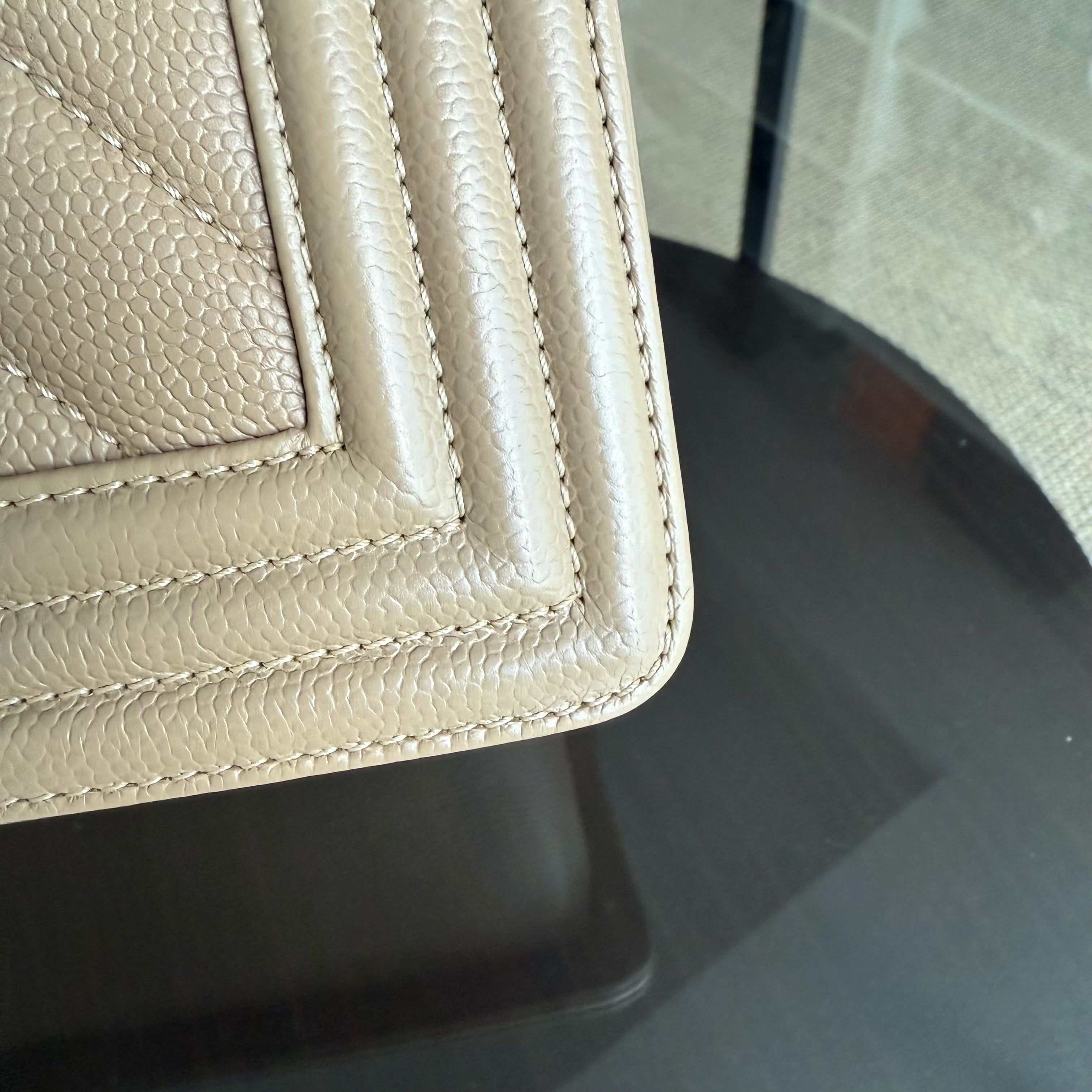 Chanel Boy Medium - Caviar 25CM Chevron Grained Calfskin Beige Gold Hardware Series 25