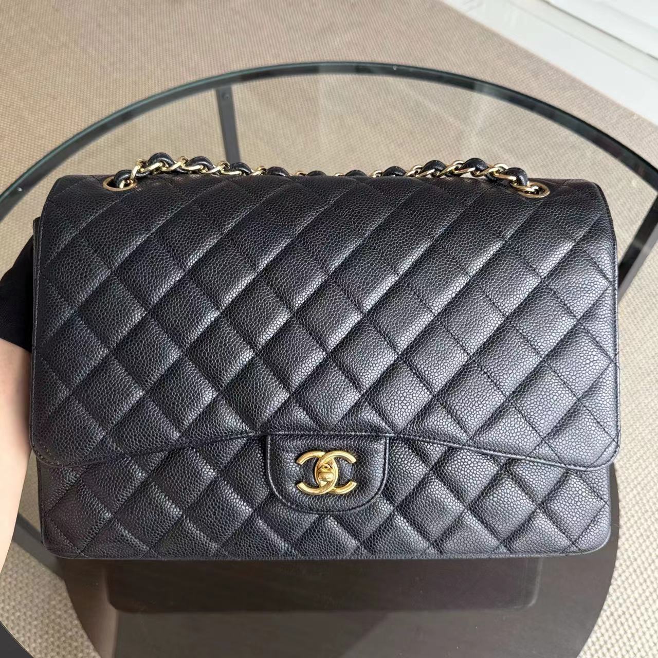 Chanel Classic Flap Maxi - Caviar Single Flap Quilted Black Gold Hardware Series 13