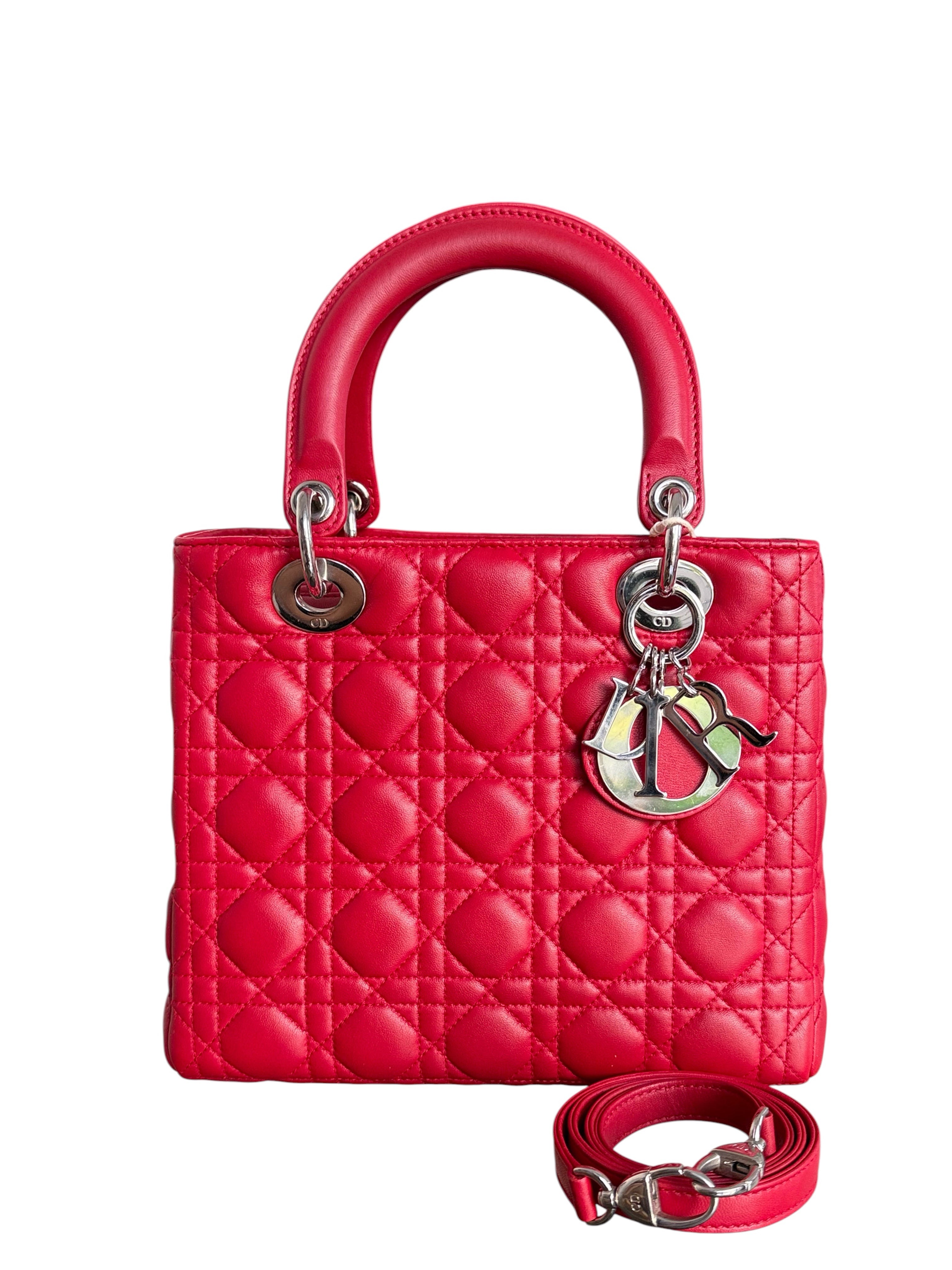 Dior Lady Medium - Cannage Lambskin Red Silver Hardware