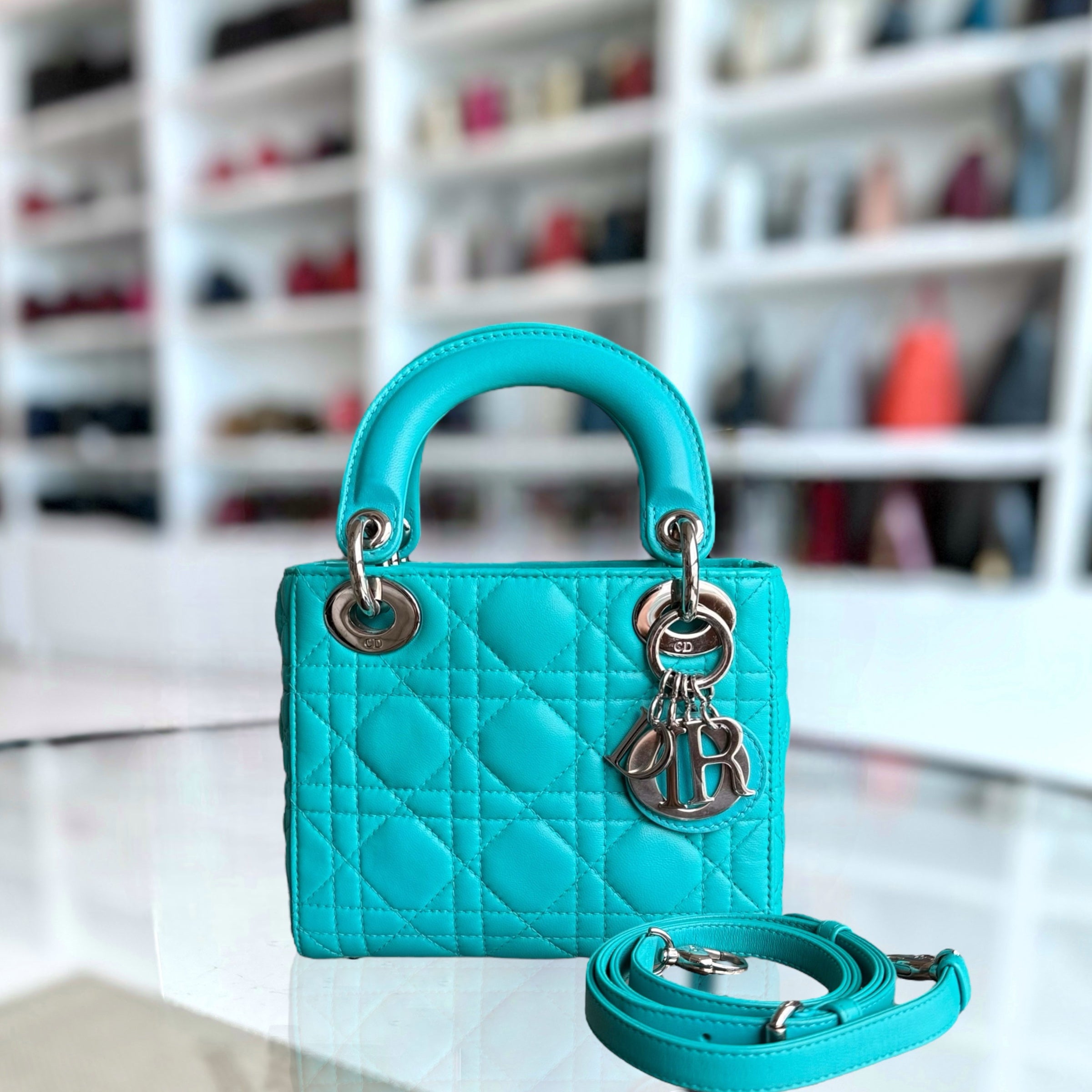 Dior Lady Mini - Cannage Lambskin Cyan Blue Silver Hardware Adjustable Strap