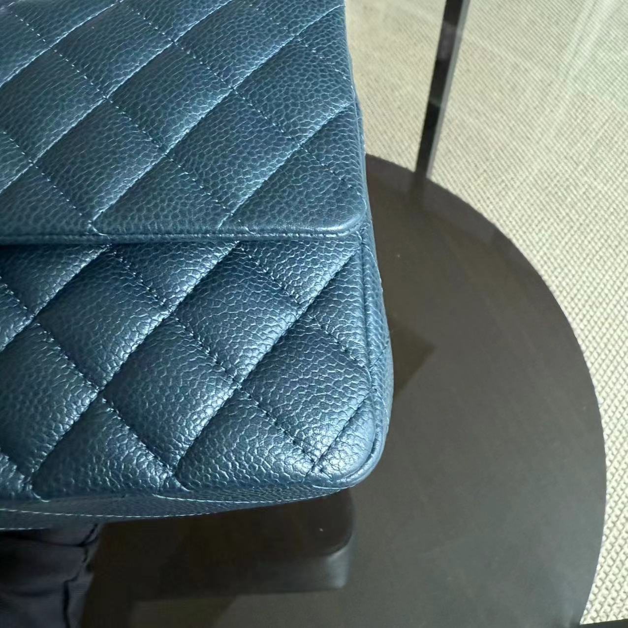 Caviar Medium Classic Flap Quilted Dark Blue Green Silver Hardware Series 20