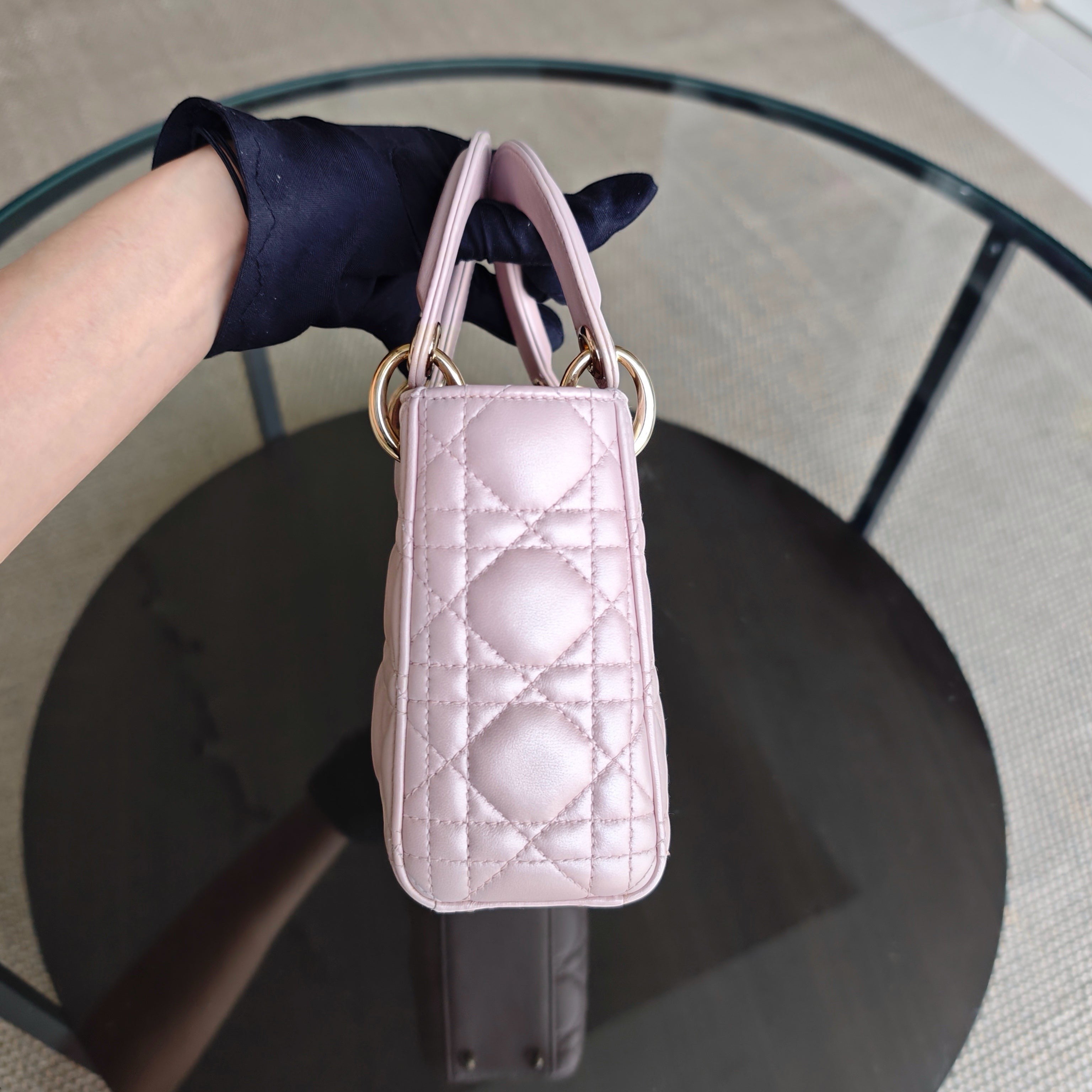 Dior Lady Mini - Cannage Lambskin Light Pink Gold Hardware Chain Strap