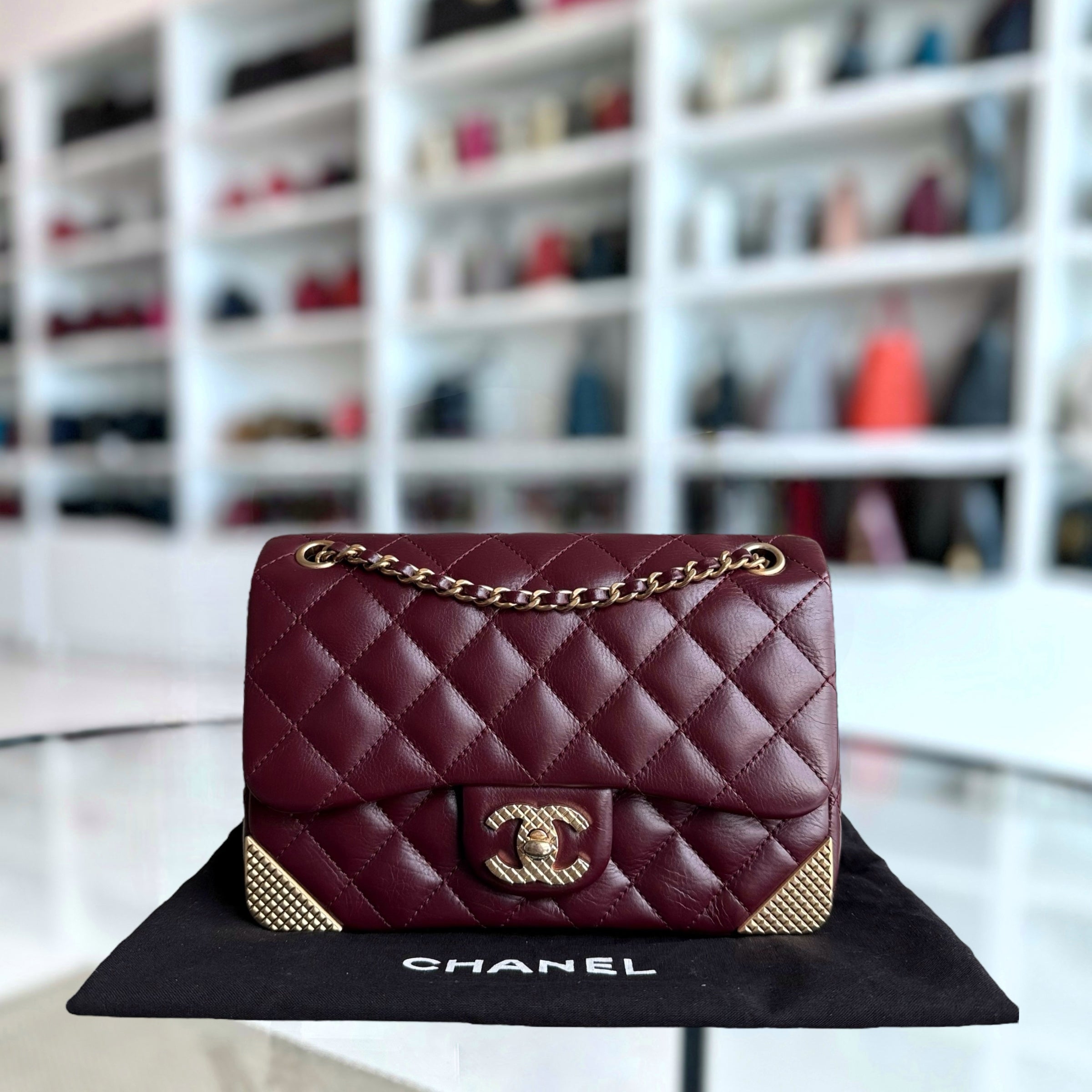 Chanel Classic Flap Rock The Corner - Quilted 20CM Calfskin Dark Burgundy Gold Hardware Series 24