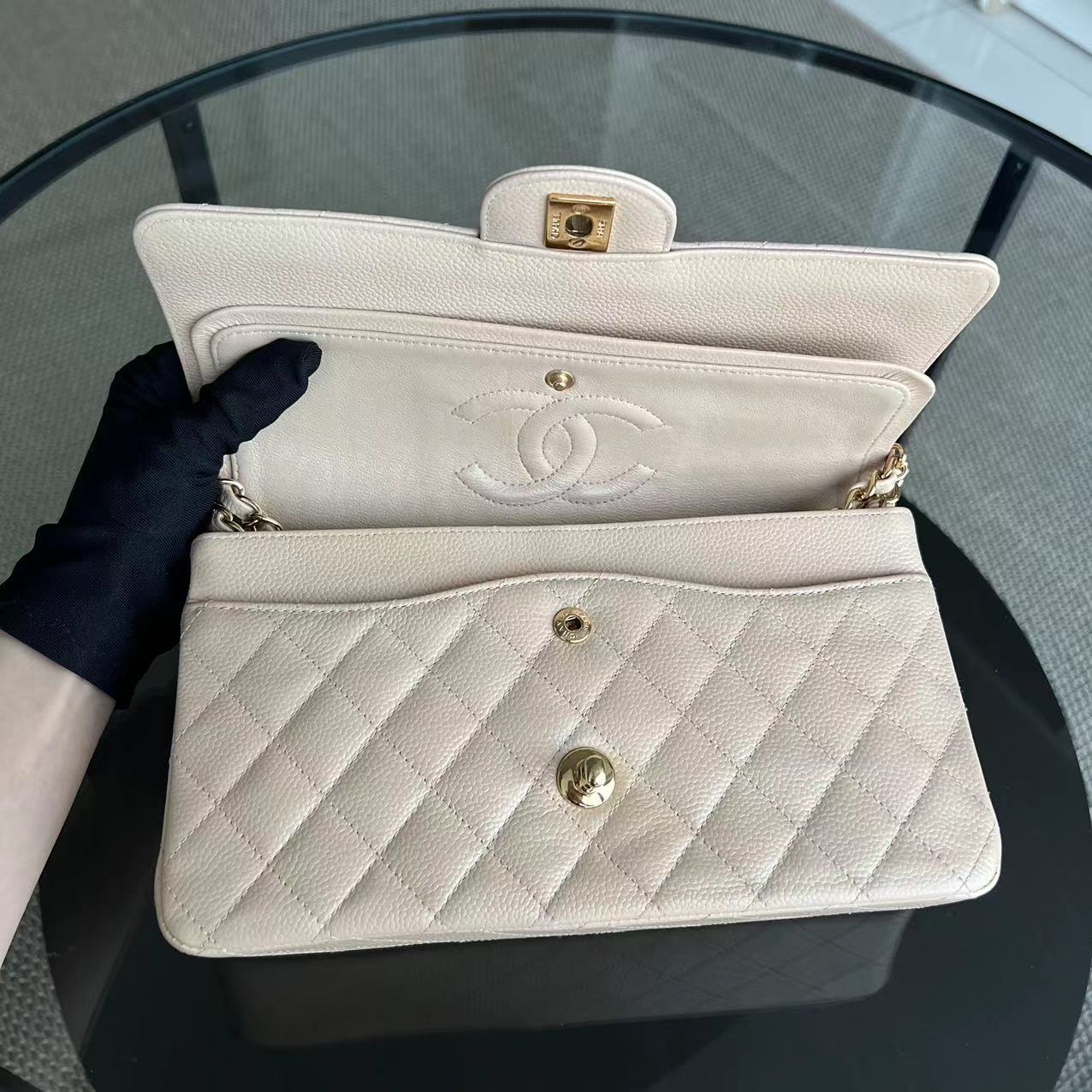 Chanel Caviar Medium Classic Flap Double Flap Quilted Grained Calfskin Beige Golden Hardware Series 15